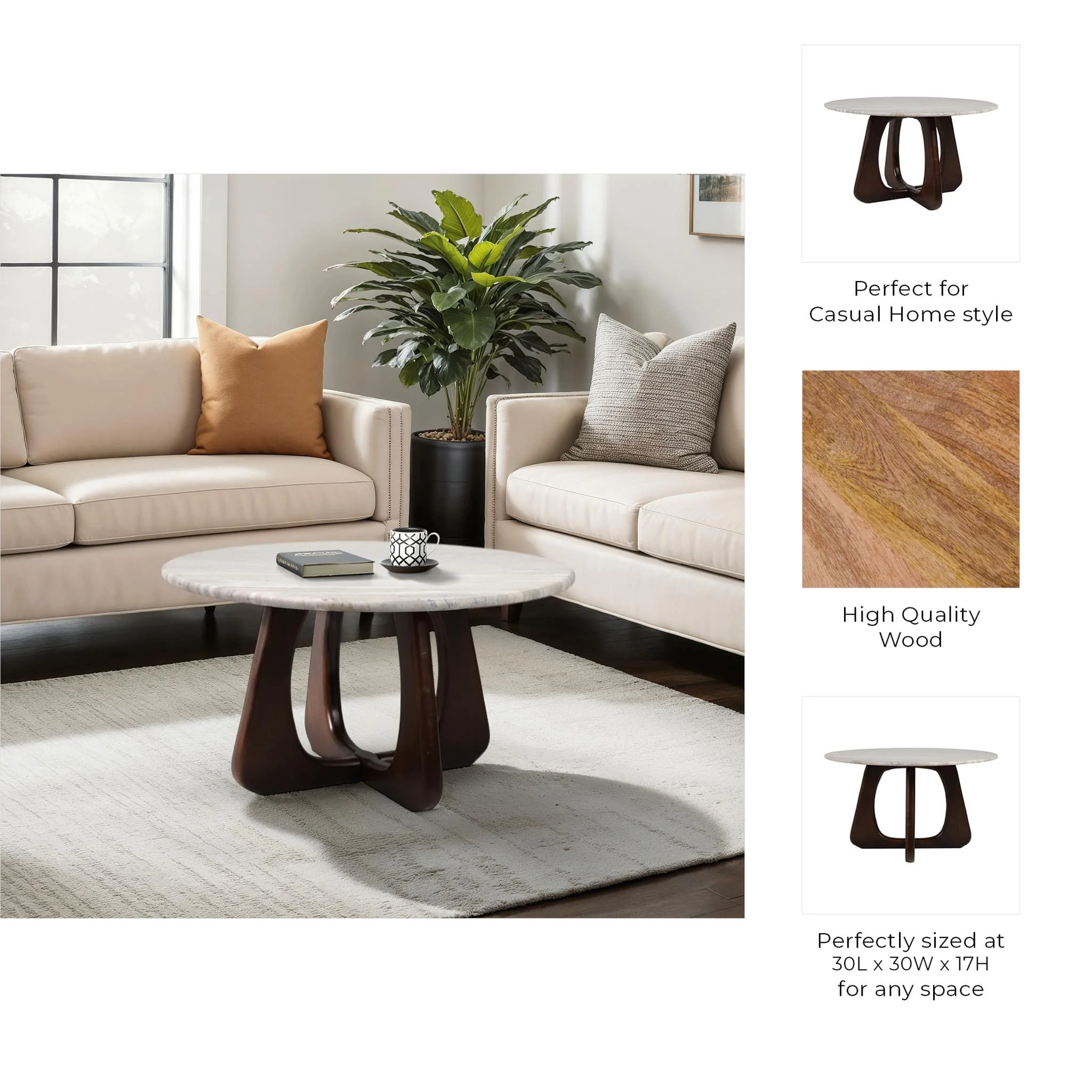 30x17" Marble Top Cofee Table, Beige/brown - Image 9