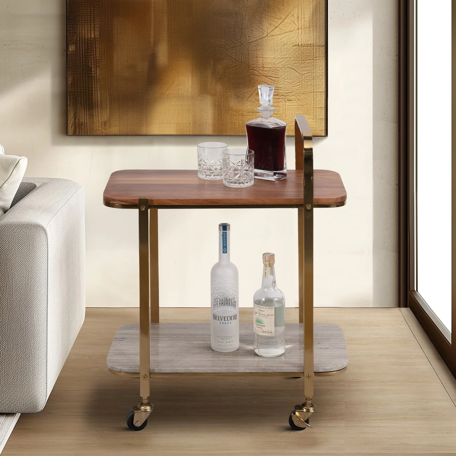 31" Marble Shelf Bar Cart, Gold Kd - Image 10