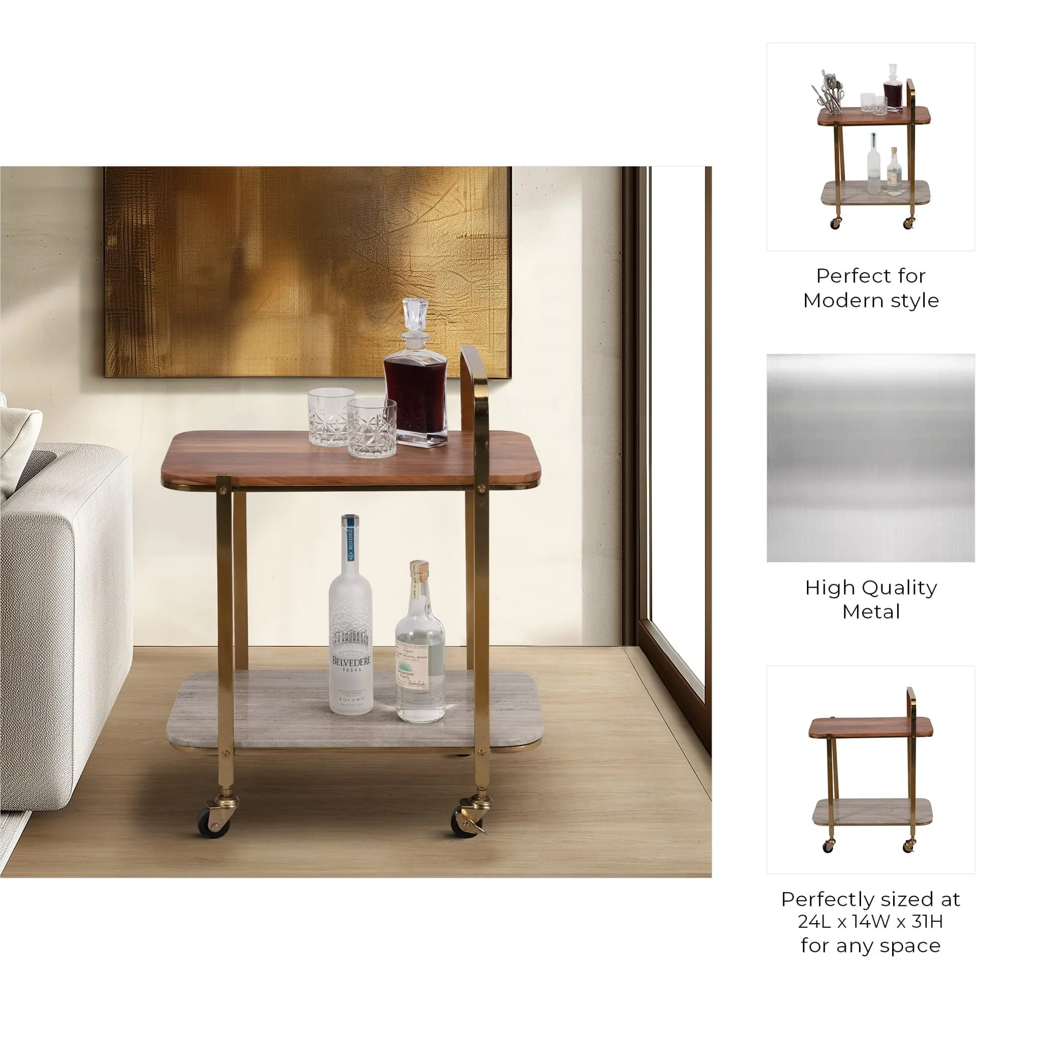31" Marble Shelf Bar Cart, Gold Kd - Image 9