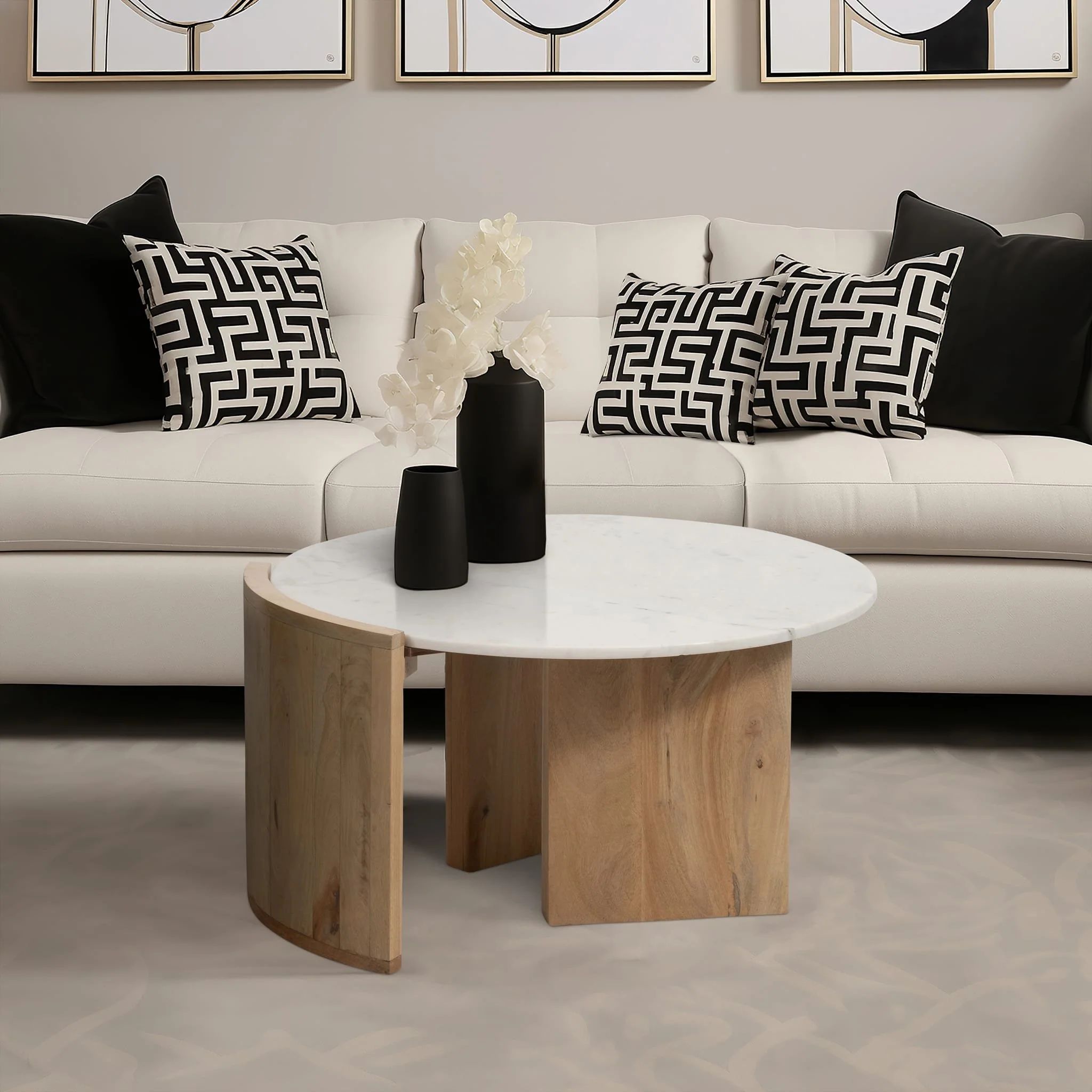 32" Marble Top Mango Coffee Table, Wht/nat Kd - Image 9
