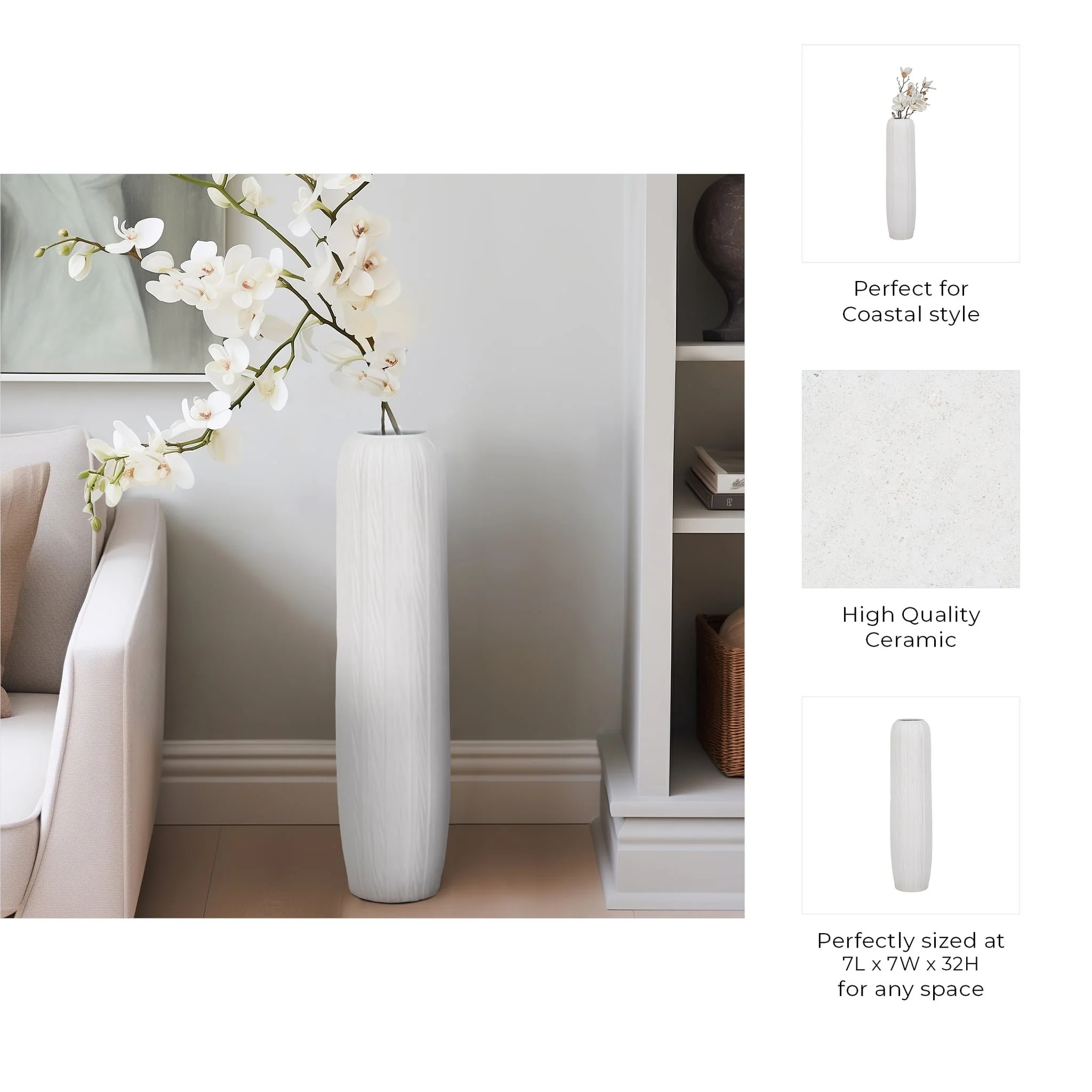 32" Rough Cylinder Floor Vase, White - Image 8