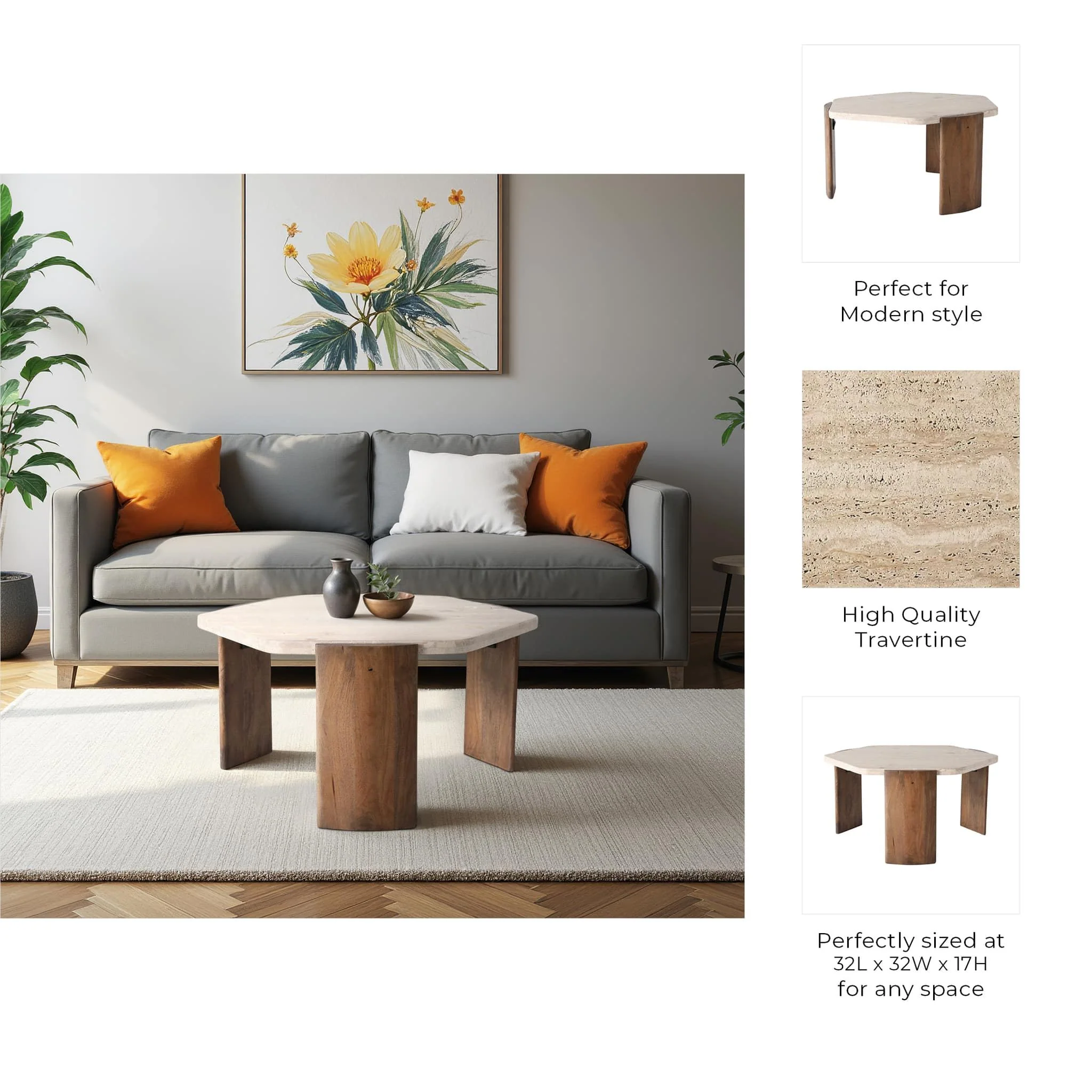 32x17 Hexagon Travertine Coffee Table, Bwn - Image 9