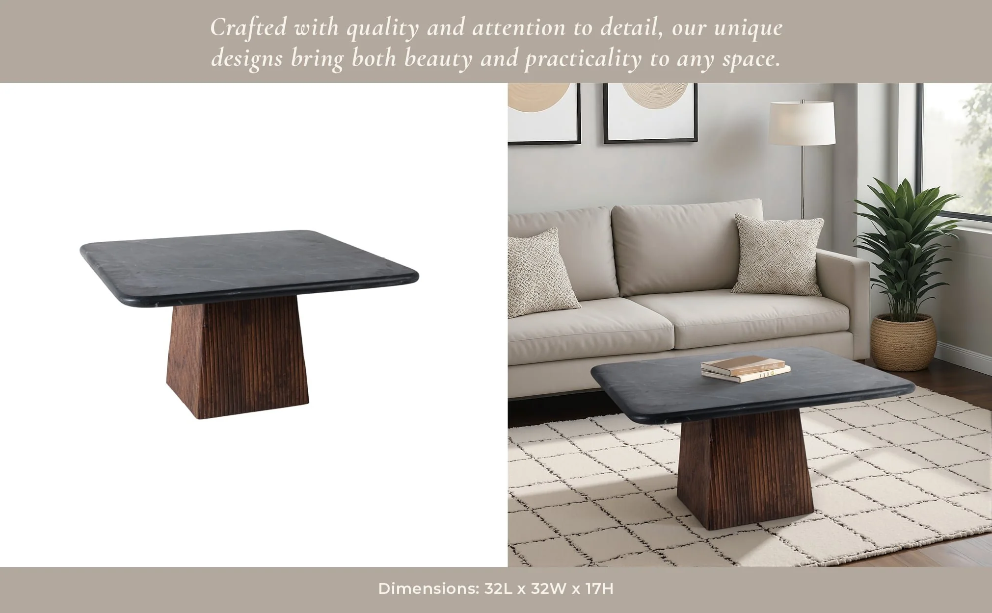 32x17 Ribbed Base Coffee Table Marble Top, Blk/bwn - Image 12