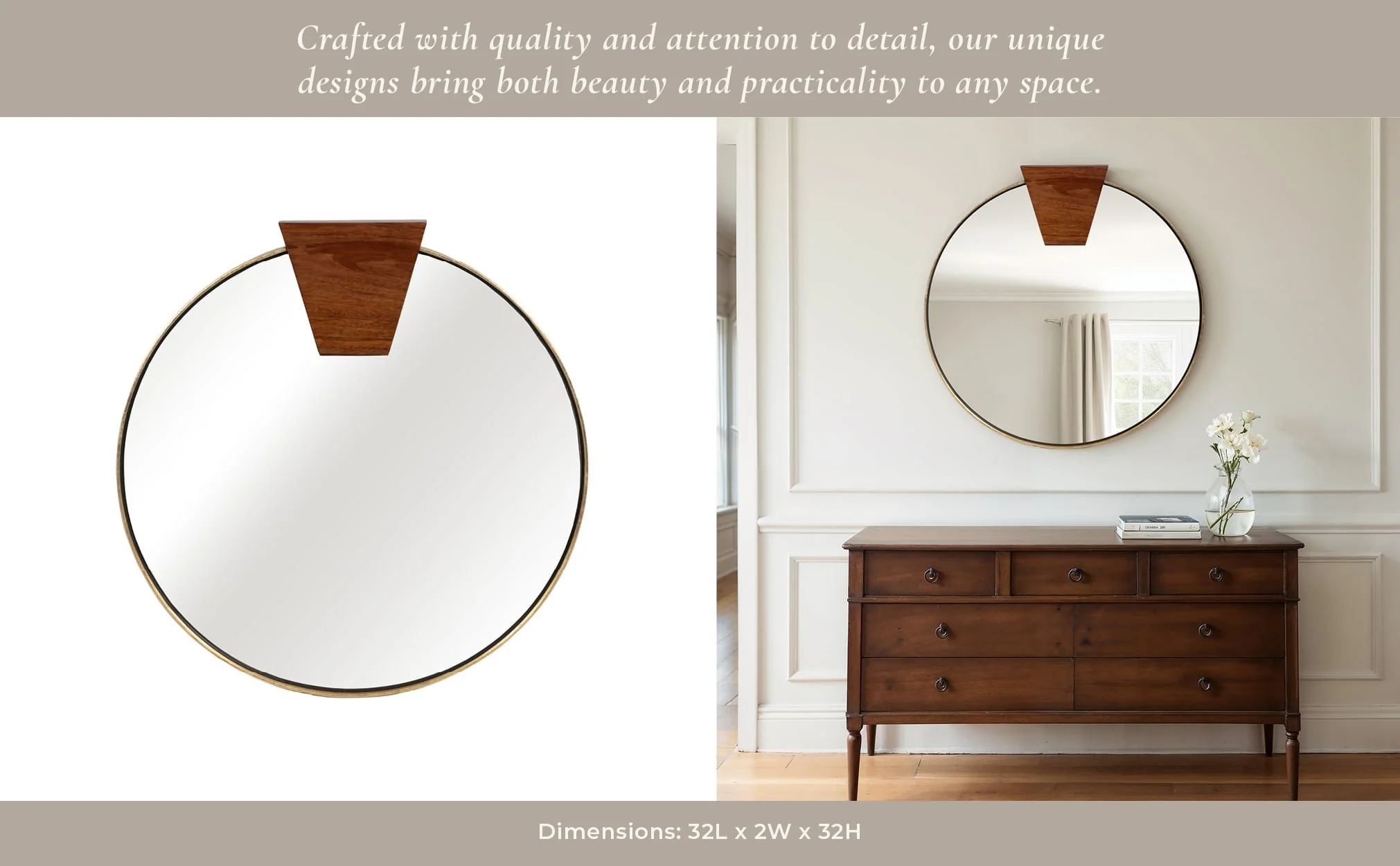 32x32 Round Wood Piece Mirror, Gold - Image 10
