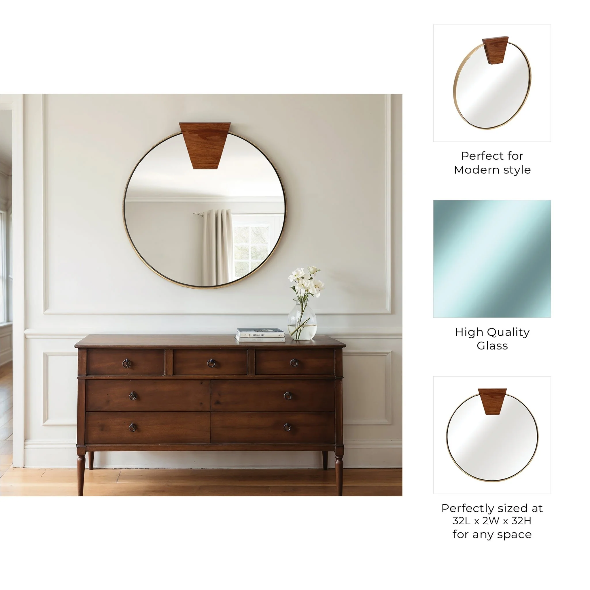 32x32 Round Wood Piece Mirror, Gold - Image 8