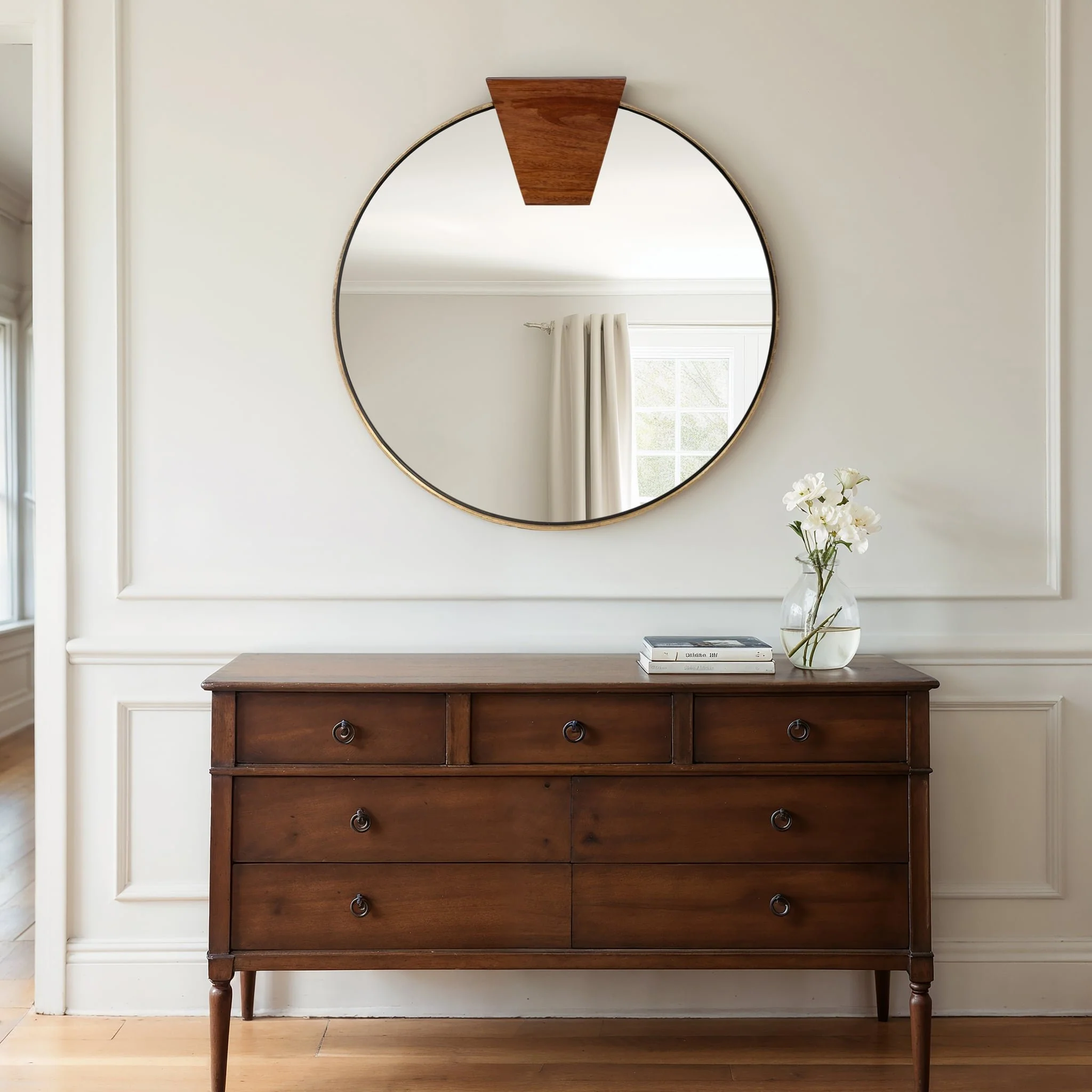 32x32 Round Wood Piece Mirror, Gold - Image 9
