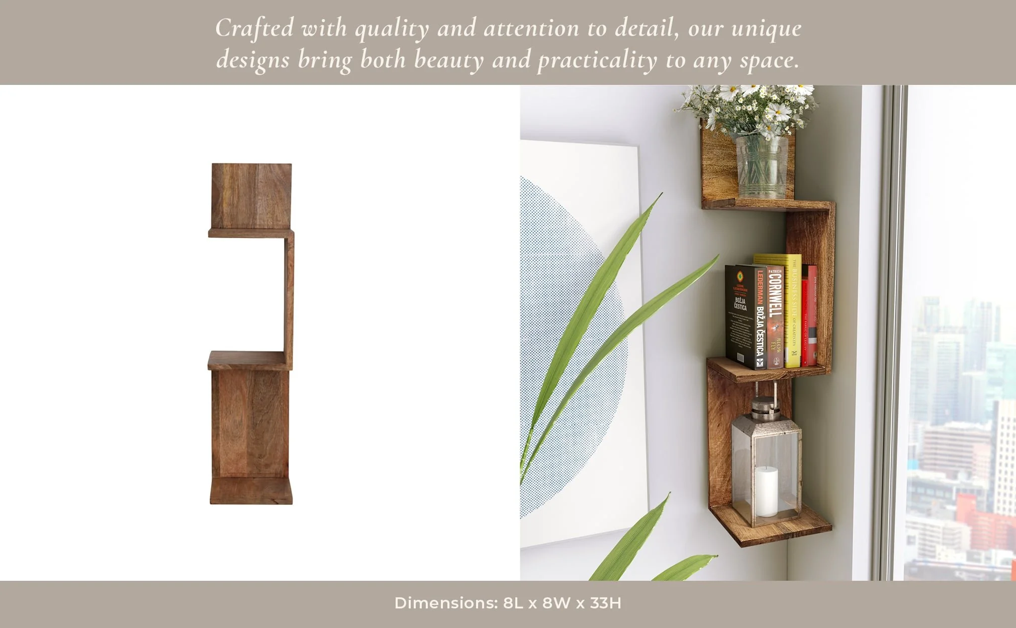 33" Mango Zig Zag Corner Wall Shelf, Brown - Image 11