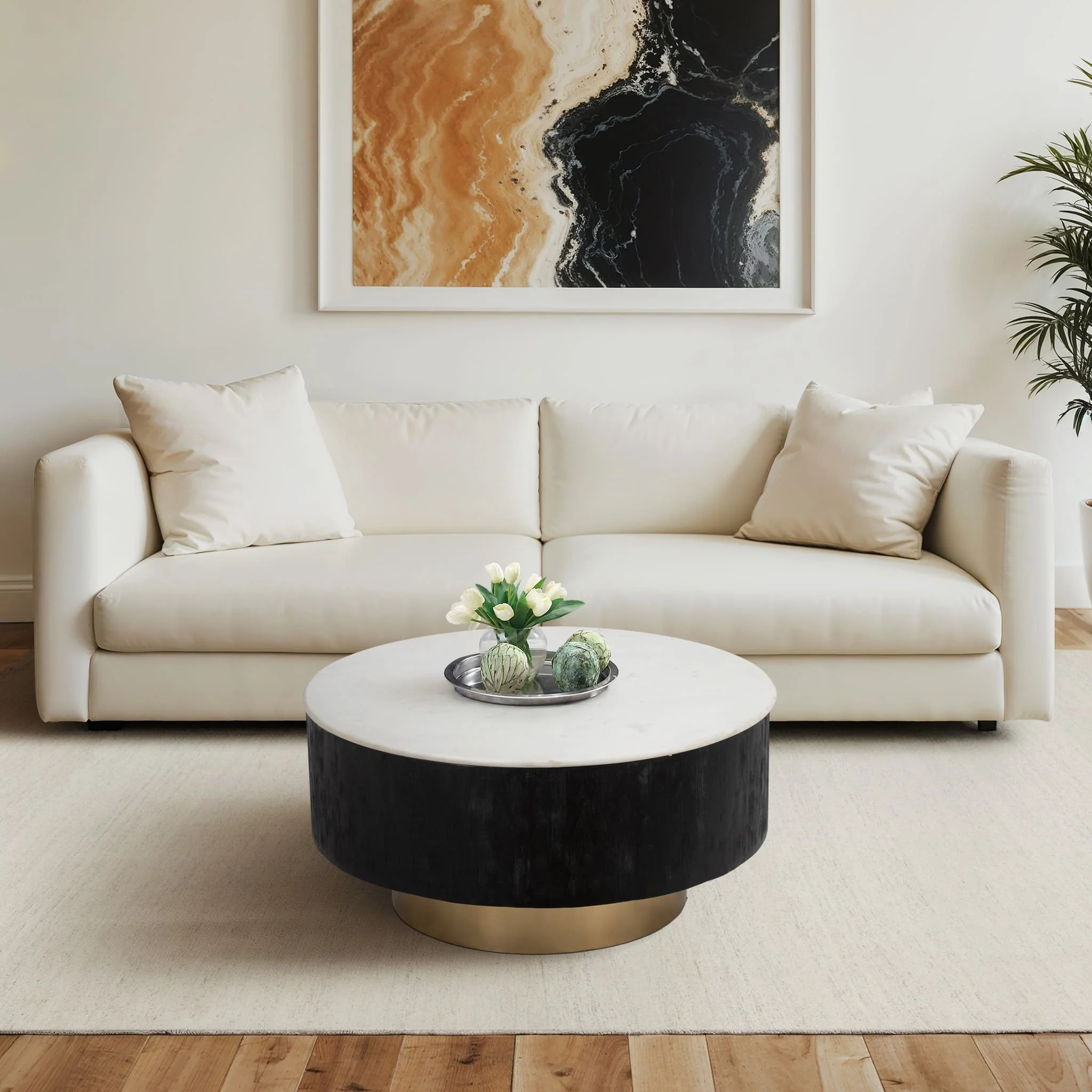 34" Gold Pedestal Coffee Table Marble Top, Wht/blk - Image 9