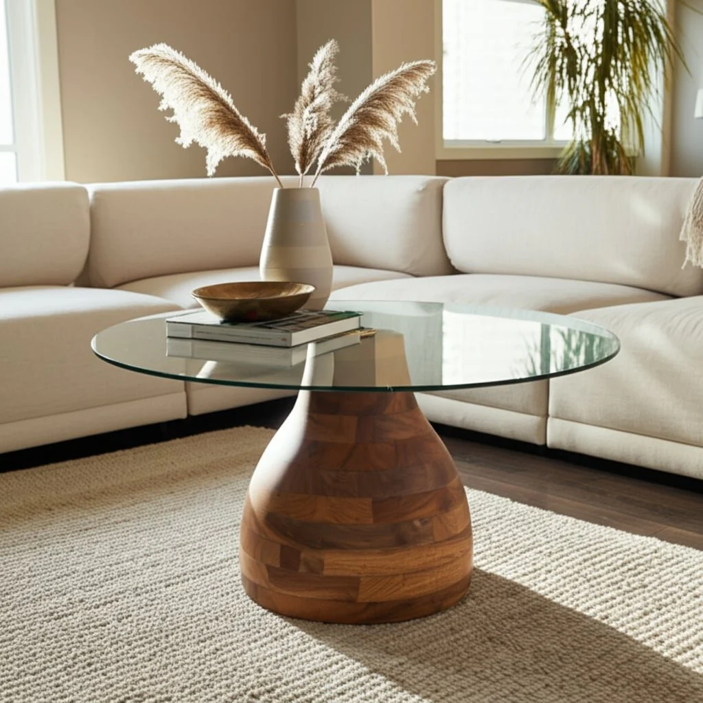 34" Striped Wood Coffee Table With Glass Top, Natu - Image 10