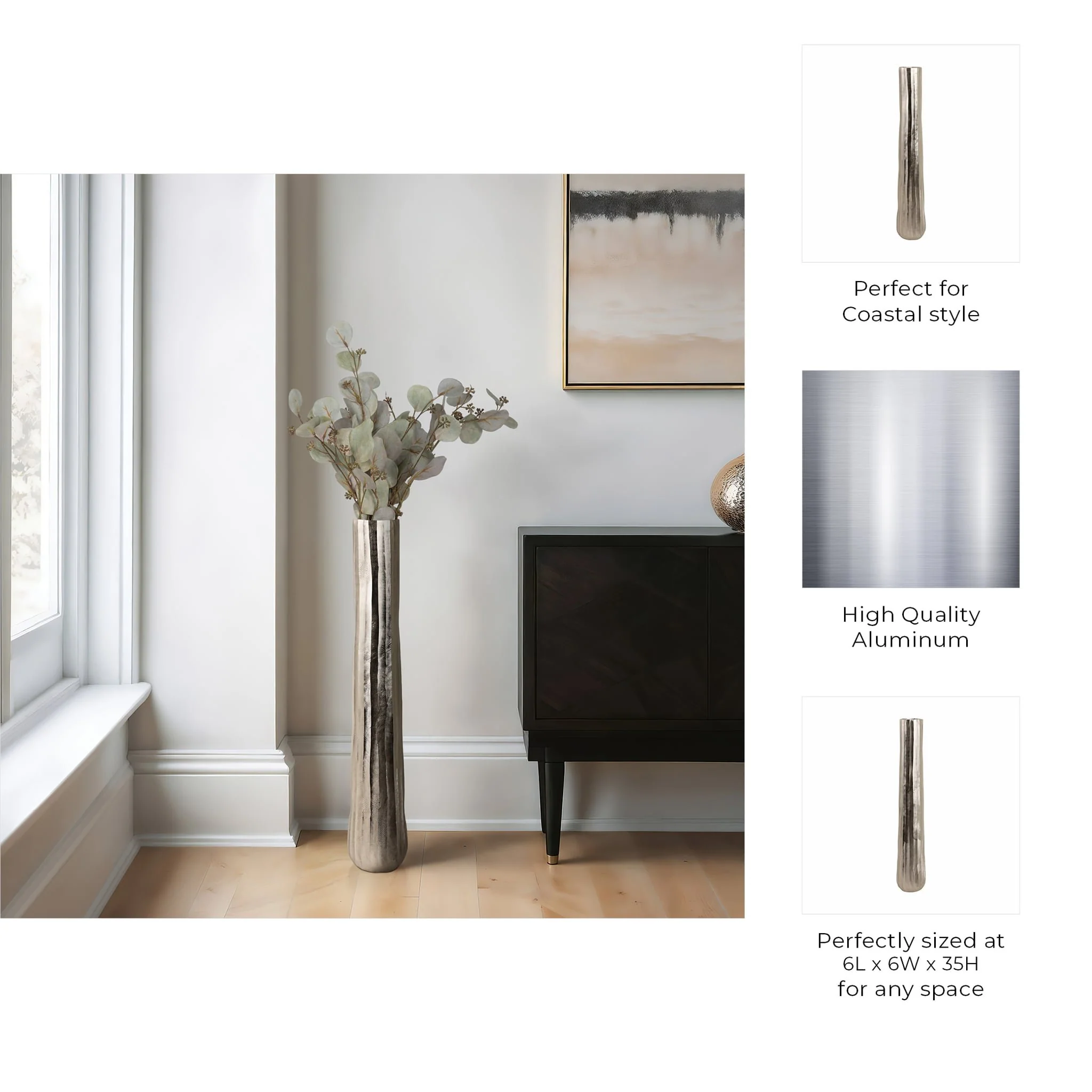 35" Rounded Etched Metal Floor Vase, Silver - Image 7