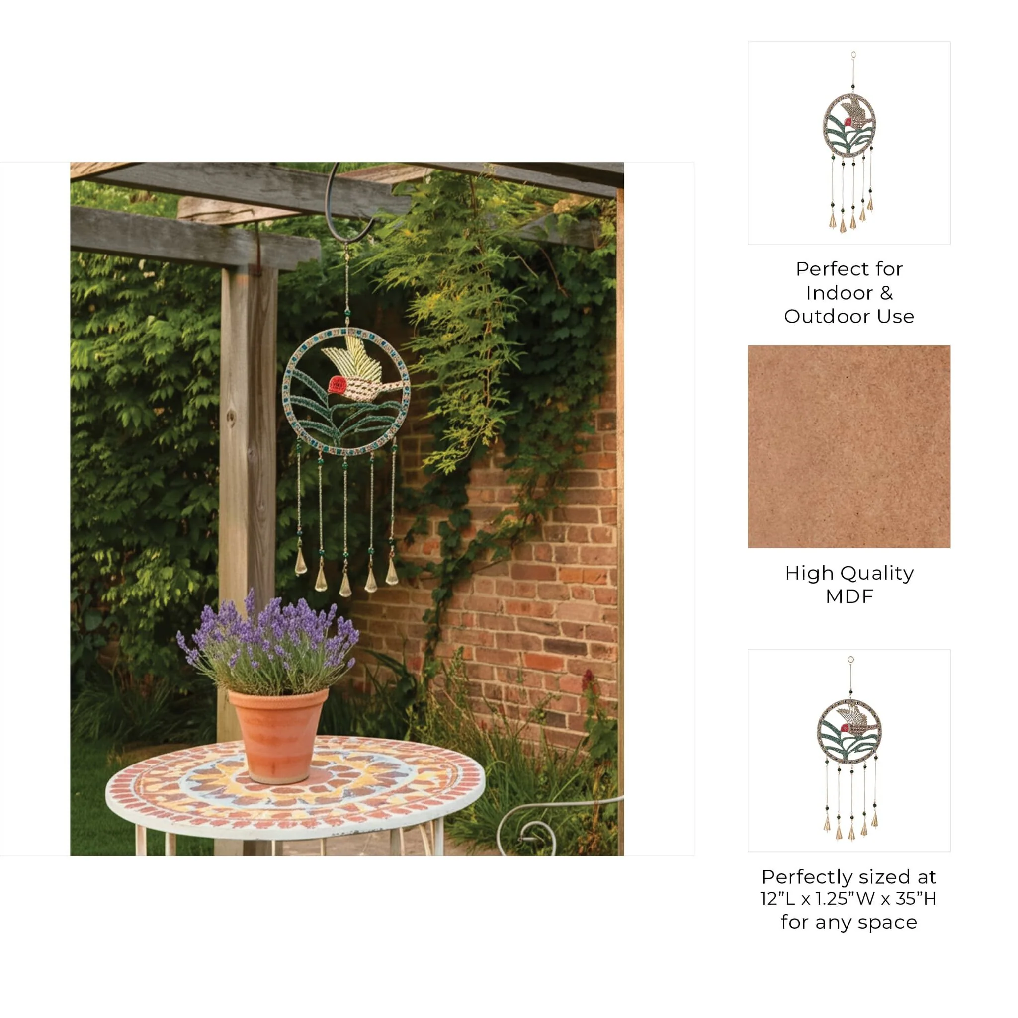 35x12" Beaded Mosaic Hummingbird Chime, Multi - Image 10
