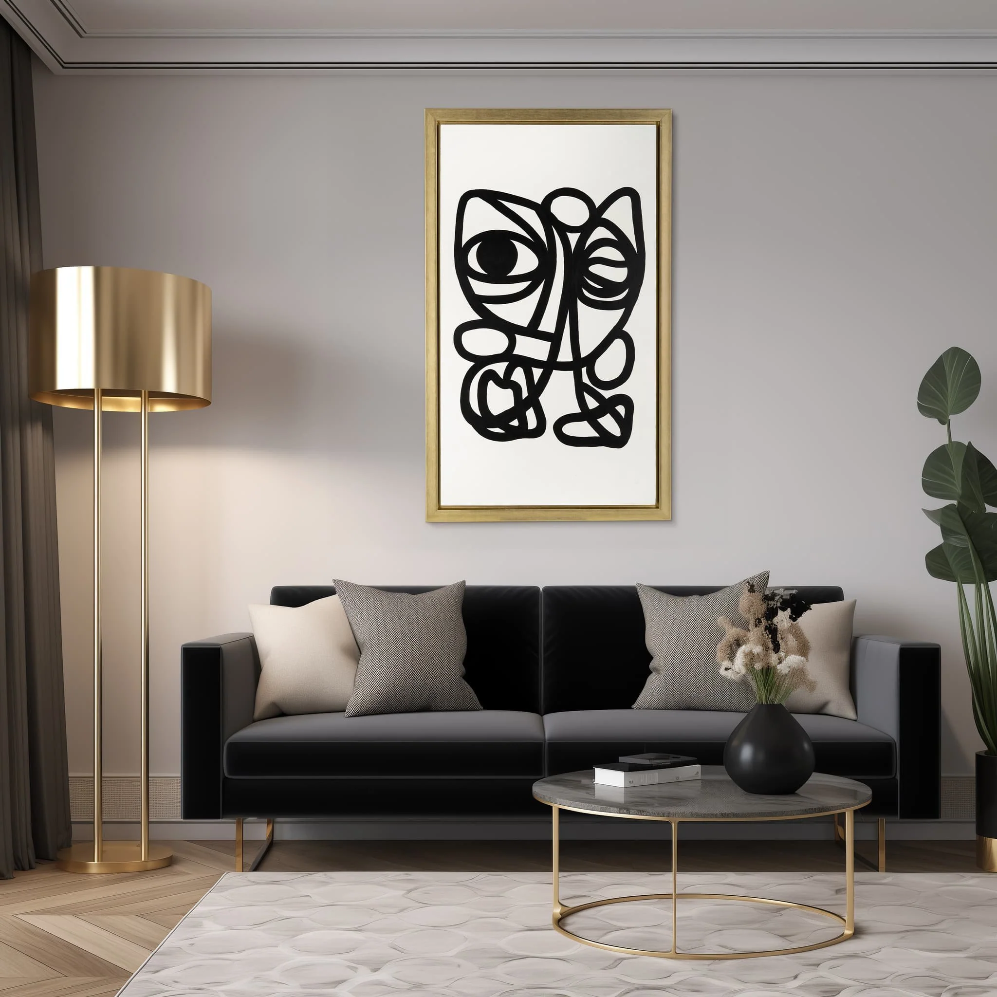 35x59, Hand Painted Gold Frame Geometric Face, Blk - Image 6