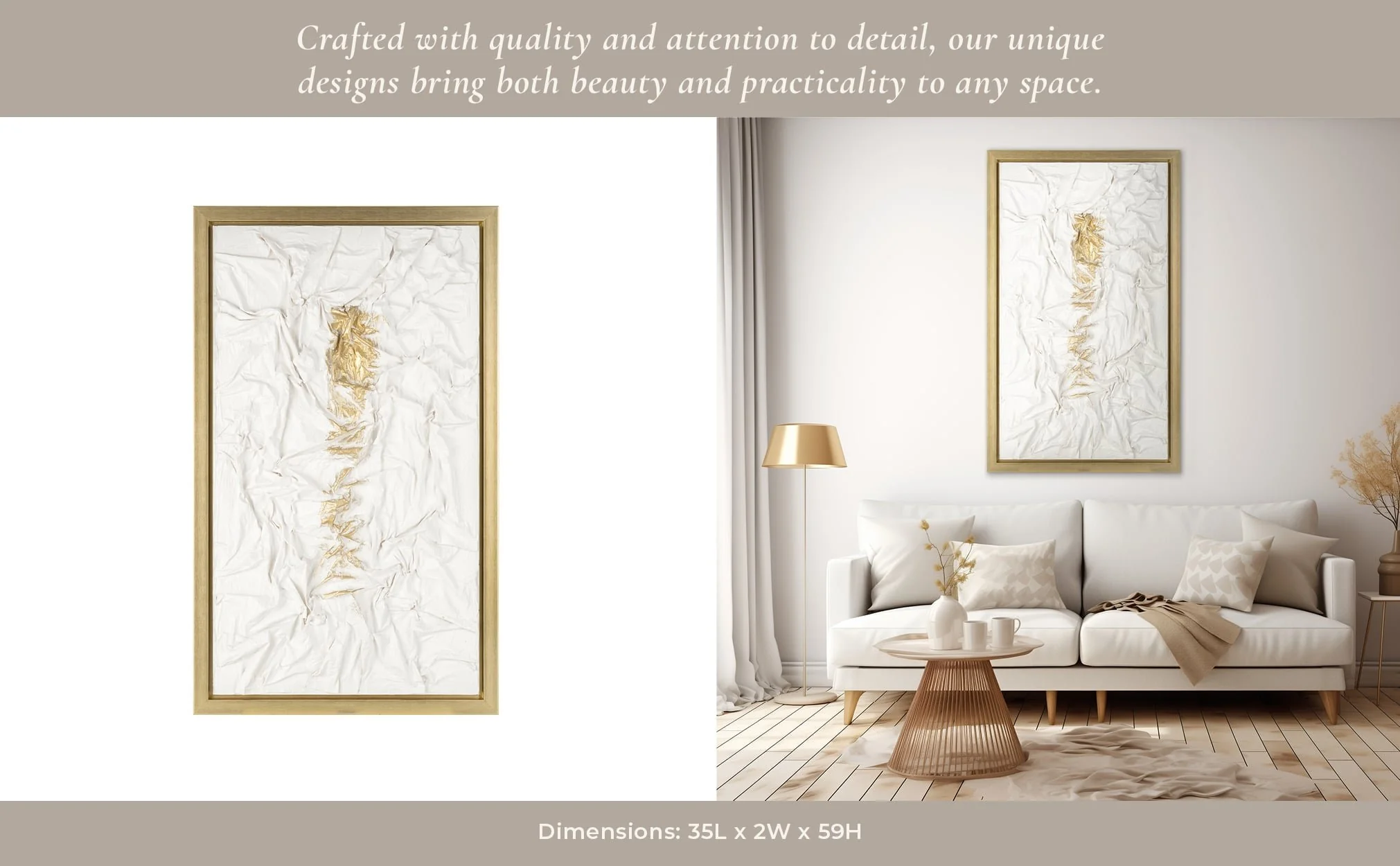 35x59, Hand Painted Textured Acrylic, Wht/gold - Image 12