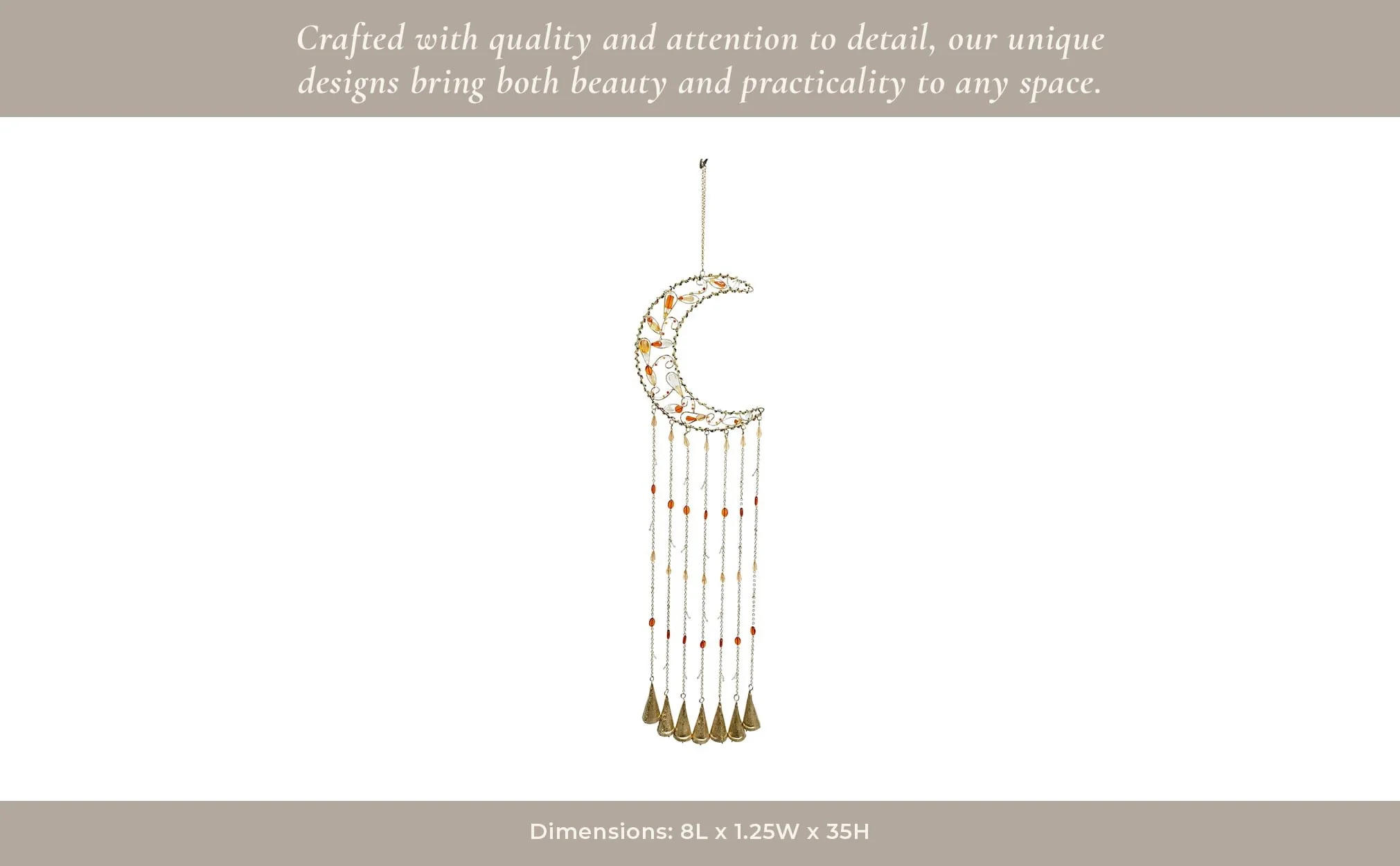 35x8" Beaded Mosaic Crescent Moon Chime, Multi - Image 14