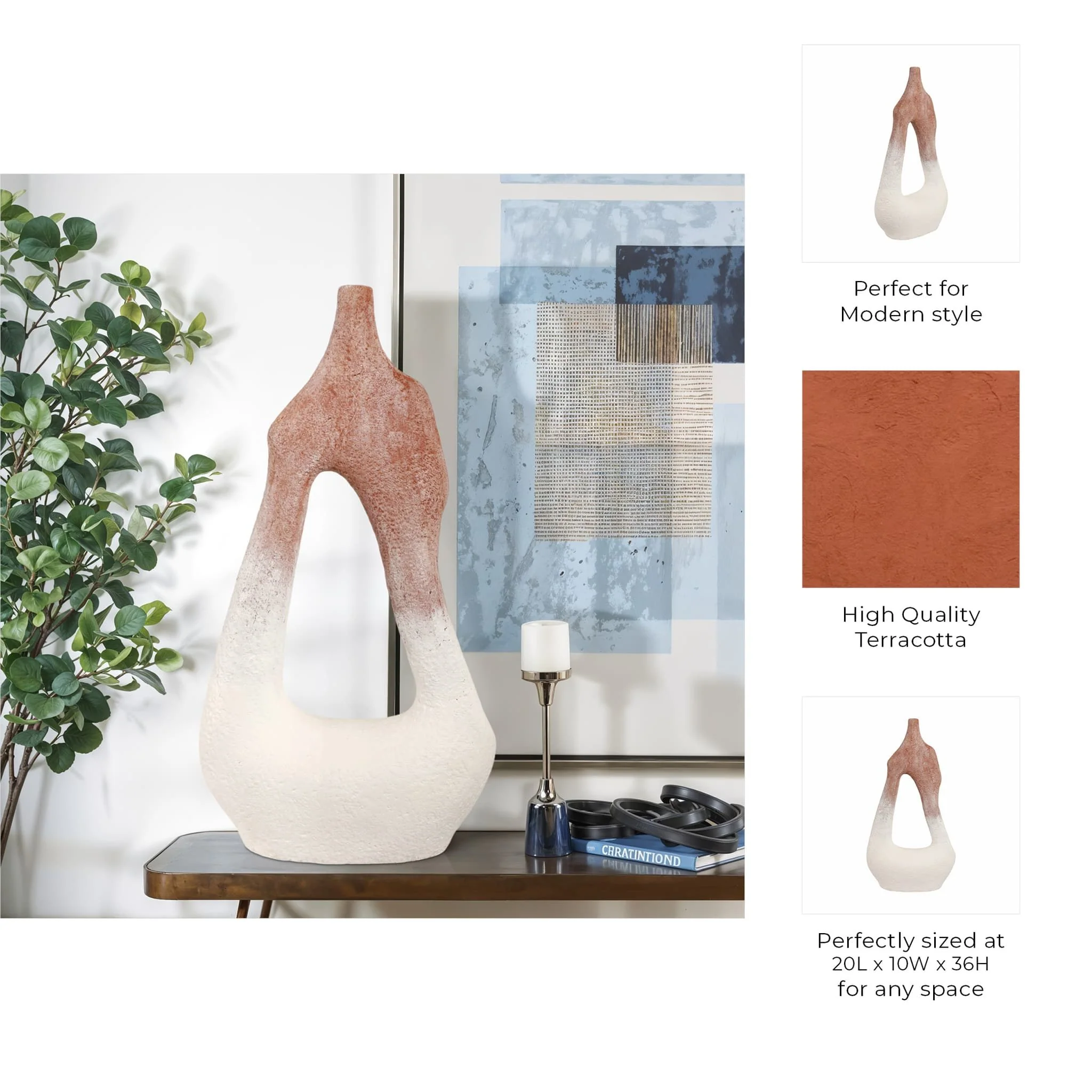 36" Curvy Open Cut-out Terracotta Vase, White Mult - Image 7
