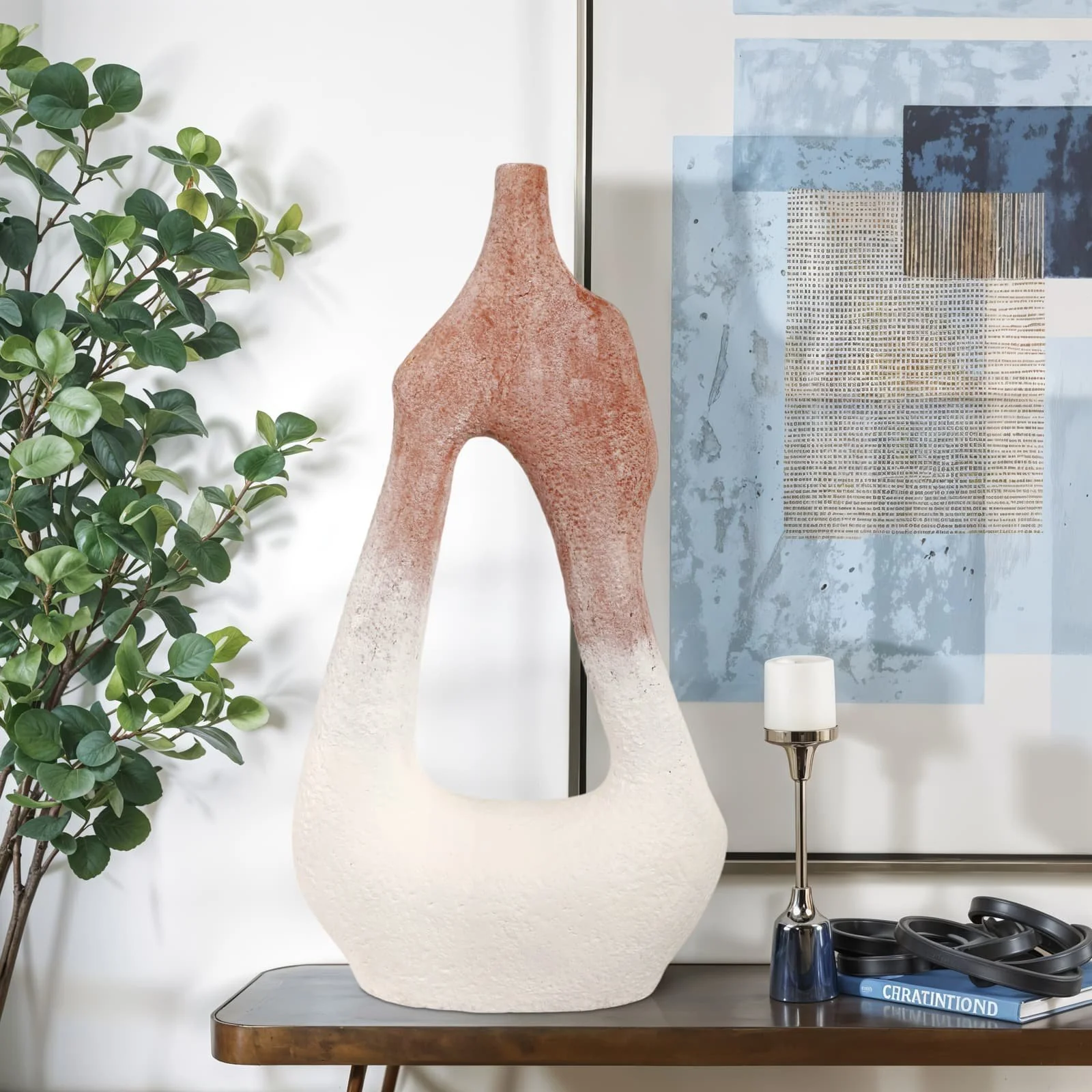 36" Curvy Open Cut-out Terracotta Vase, White Mult - Image 8