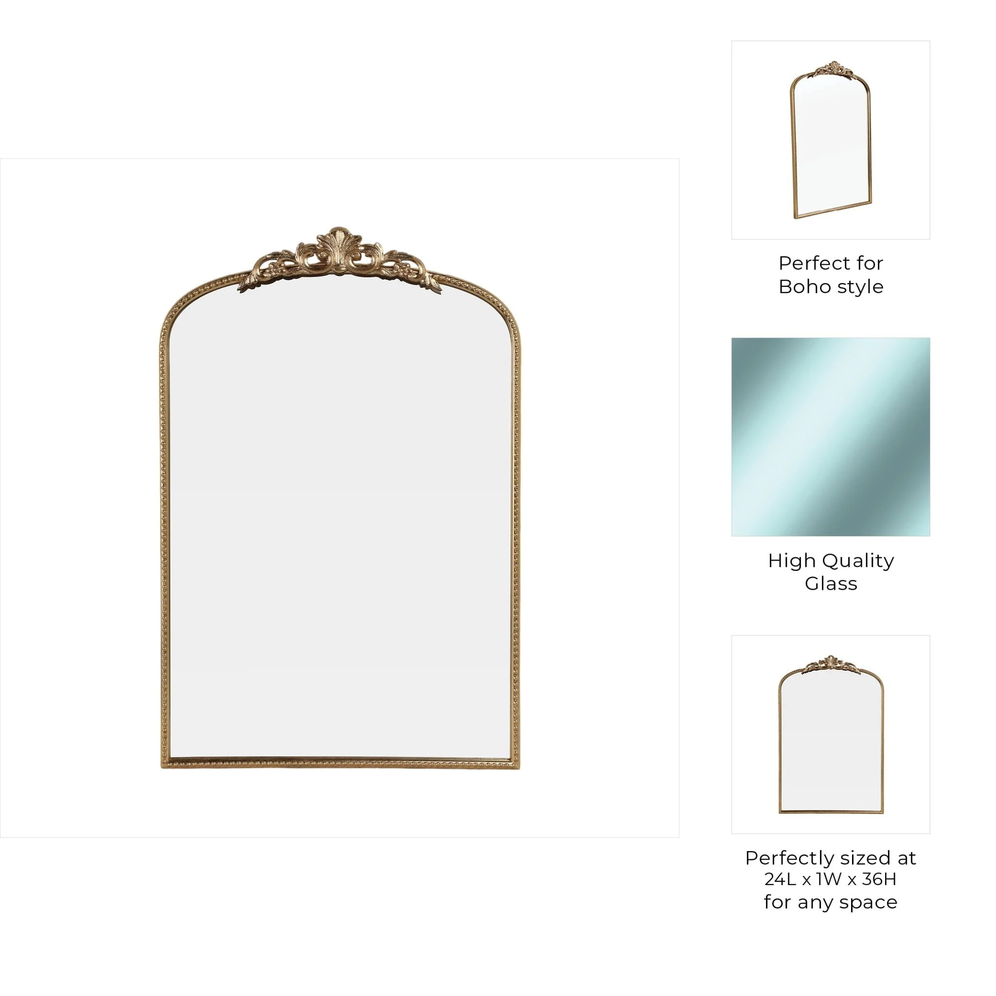 36" Fleur Applique Arch Mirror, Gold Wb - Image 8