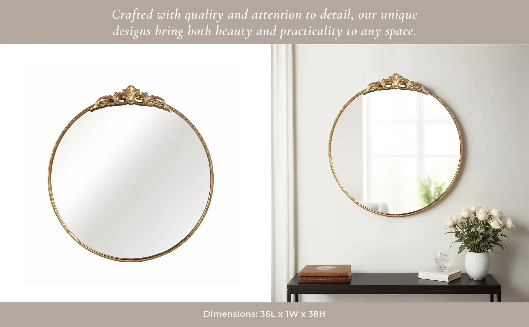 36" Fleur Applique Round Mirror, Gold Wb - Image 10