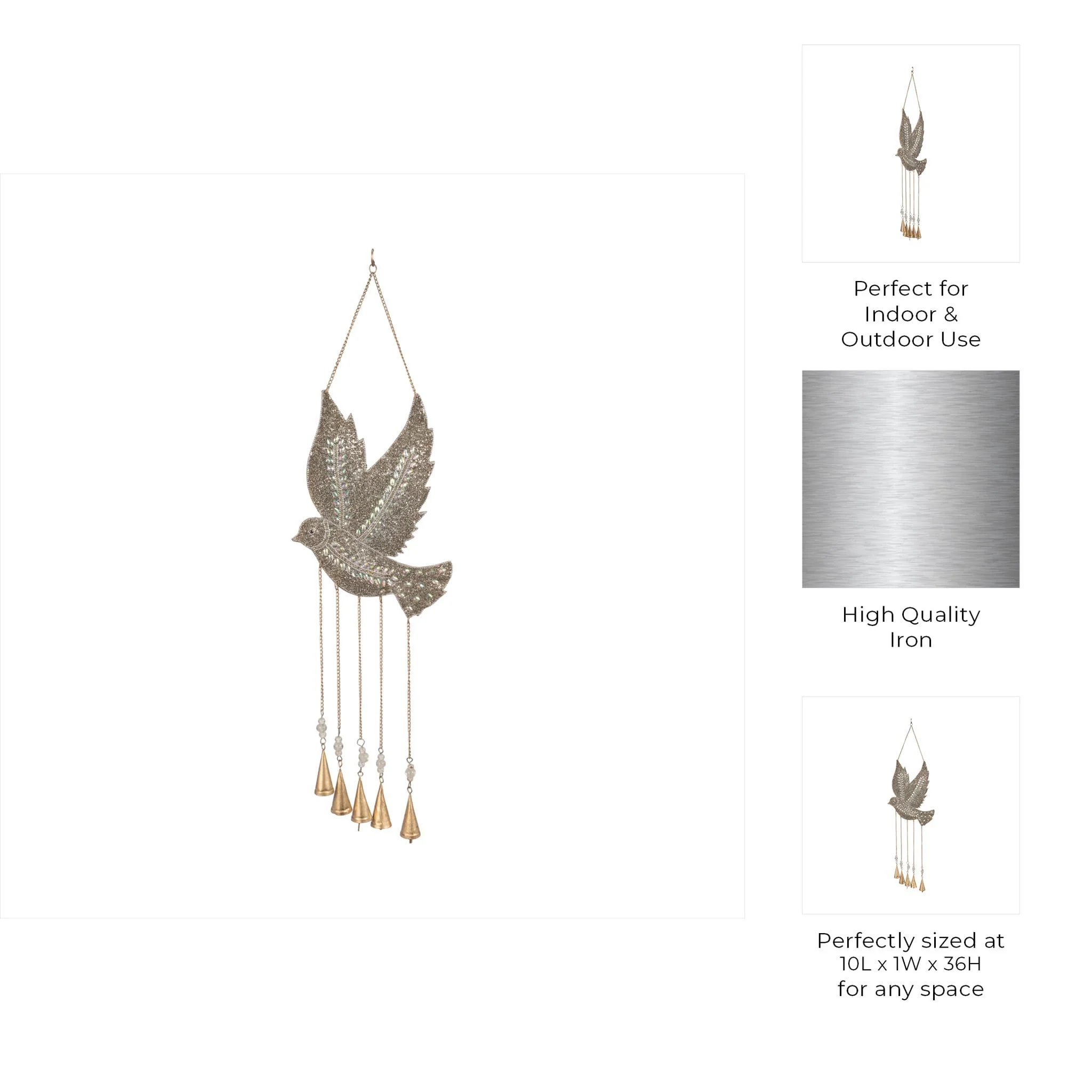 36" Mosaic Dove With Bells, Silver/gold - Image 8