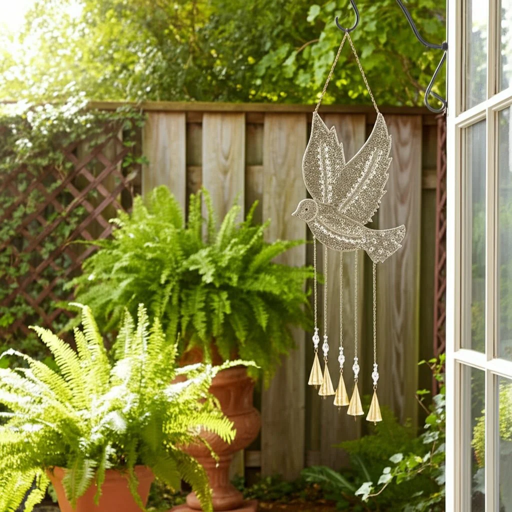 36" Mosaic Dove With Bells, Silver/gold - Image 9
