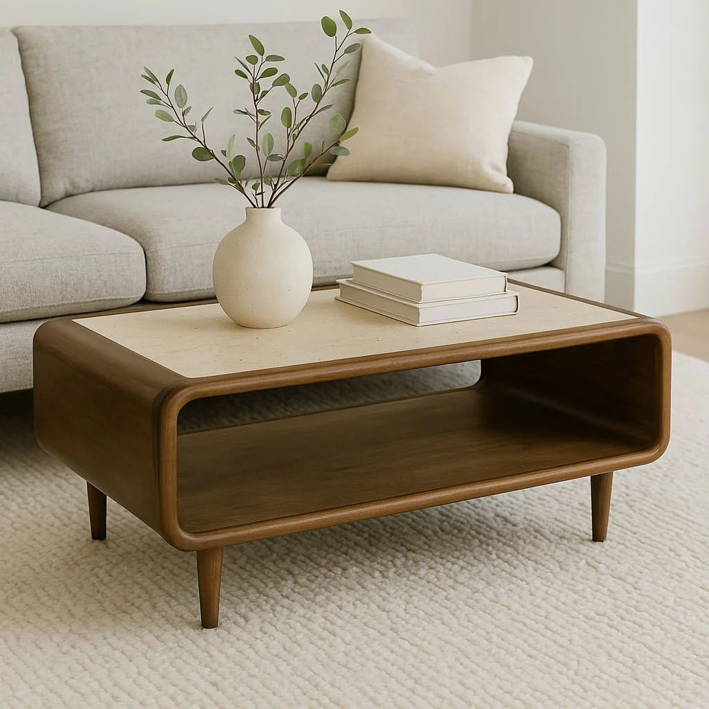 36x24" Travertine Inlay Coffee Table, Brown - Image 11