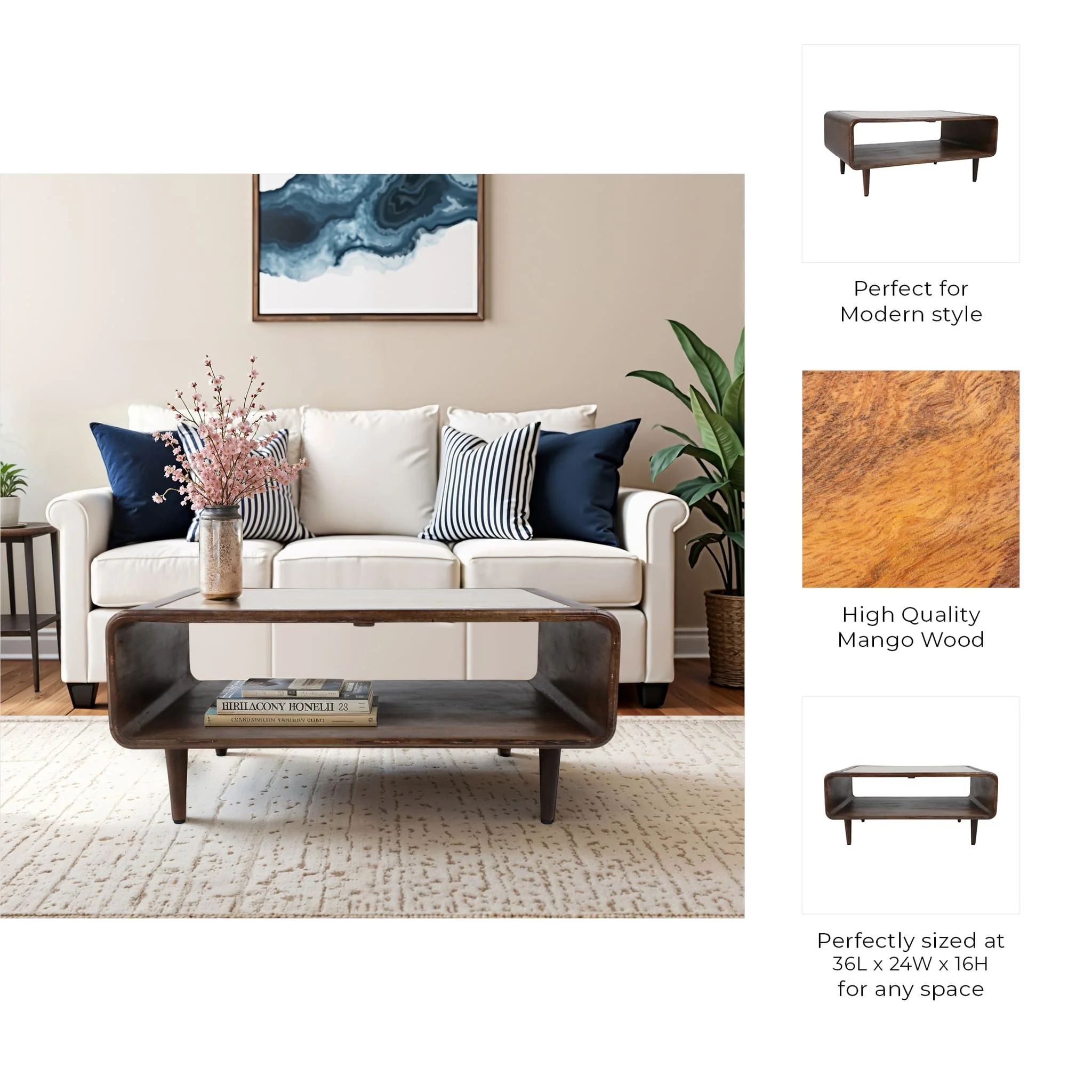 36x24" Travertine Inlay Coffee Table, Brown - Image 9