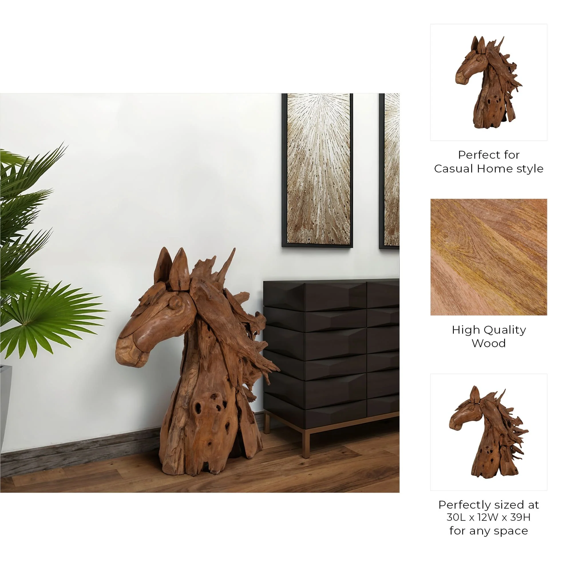 37" Teak Wood Horse Head, Natural - Image 9