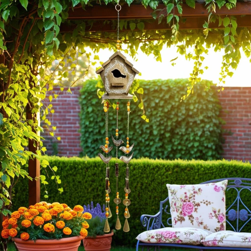 38x7" Hand Painted Birdhouse Chime, Brown - Image 11