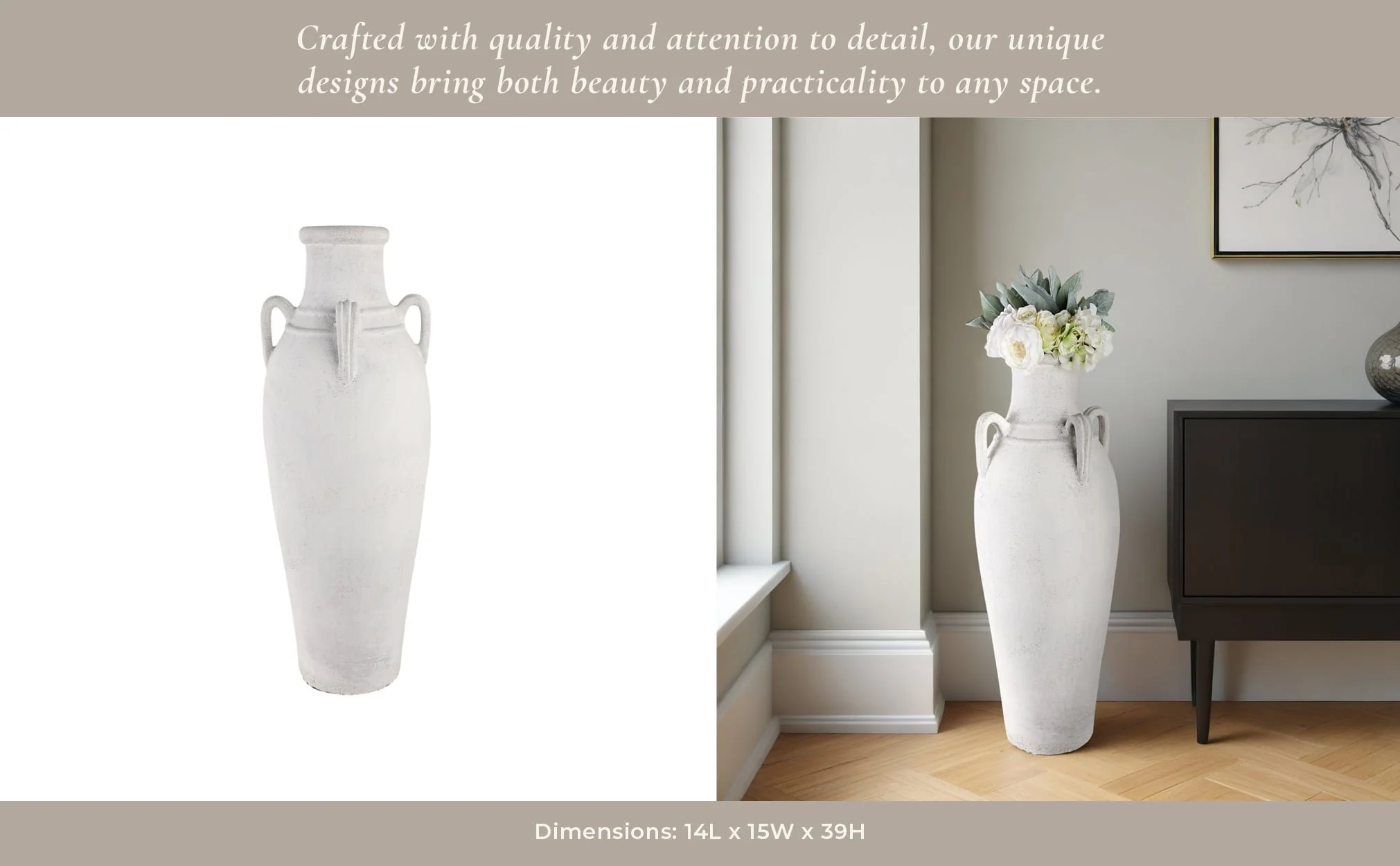 39" Terracotta Floor Vase W/handles, Ivory - Image 11