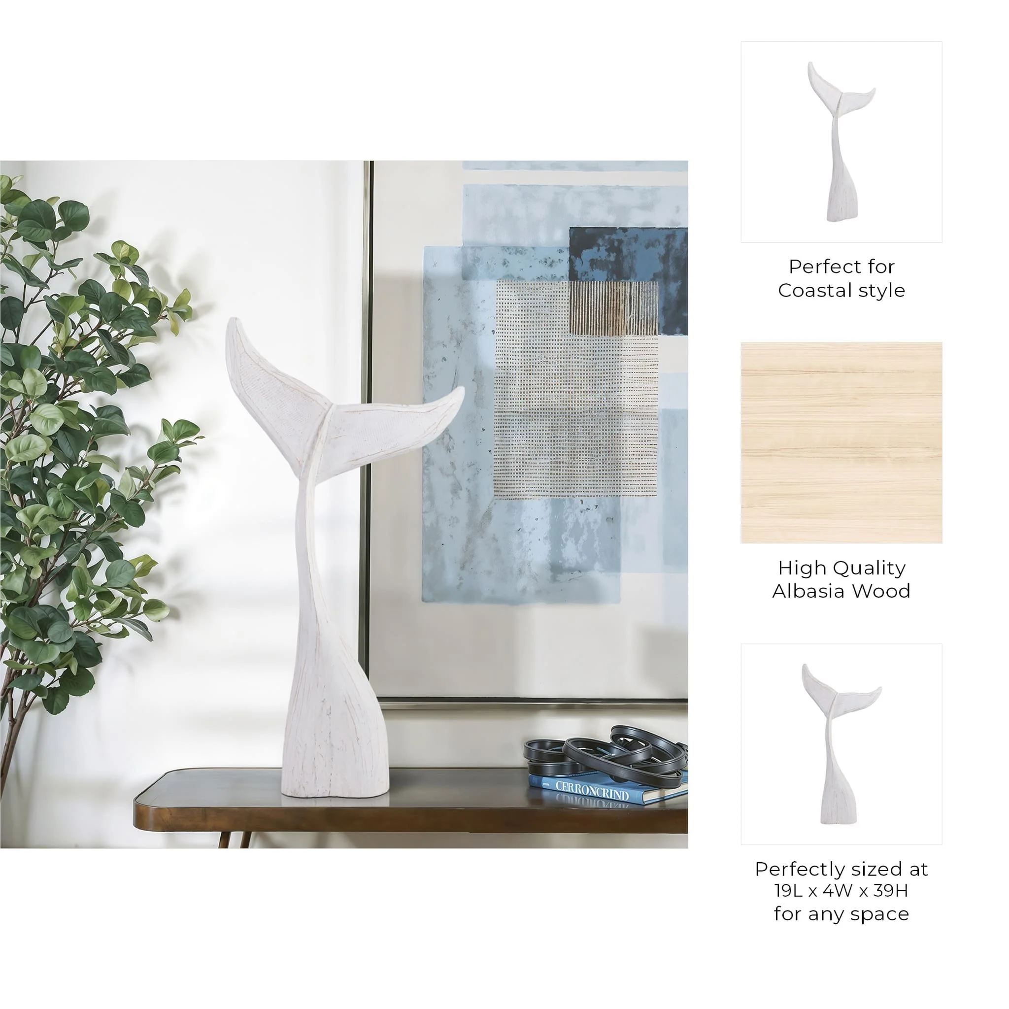 39" Wood Whale Tail Decor, Wht - Image 9