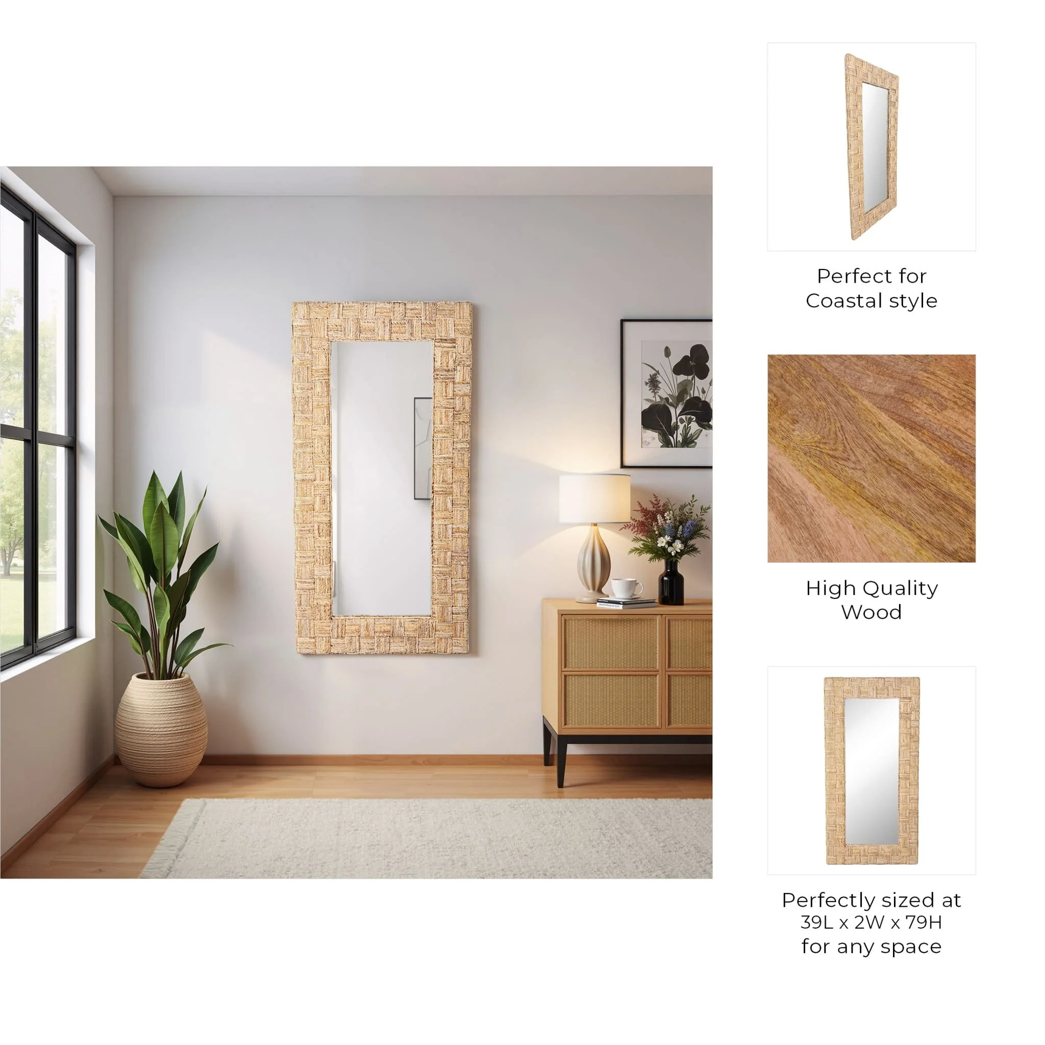 39"x79" Woven Abaca Leaner Mirror, Natural - Image 8