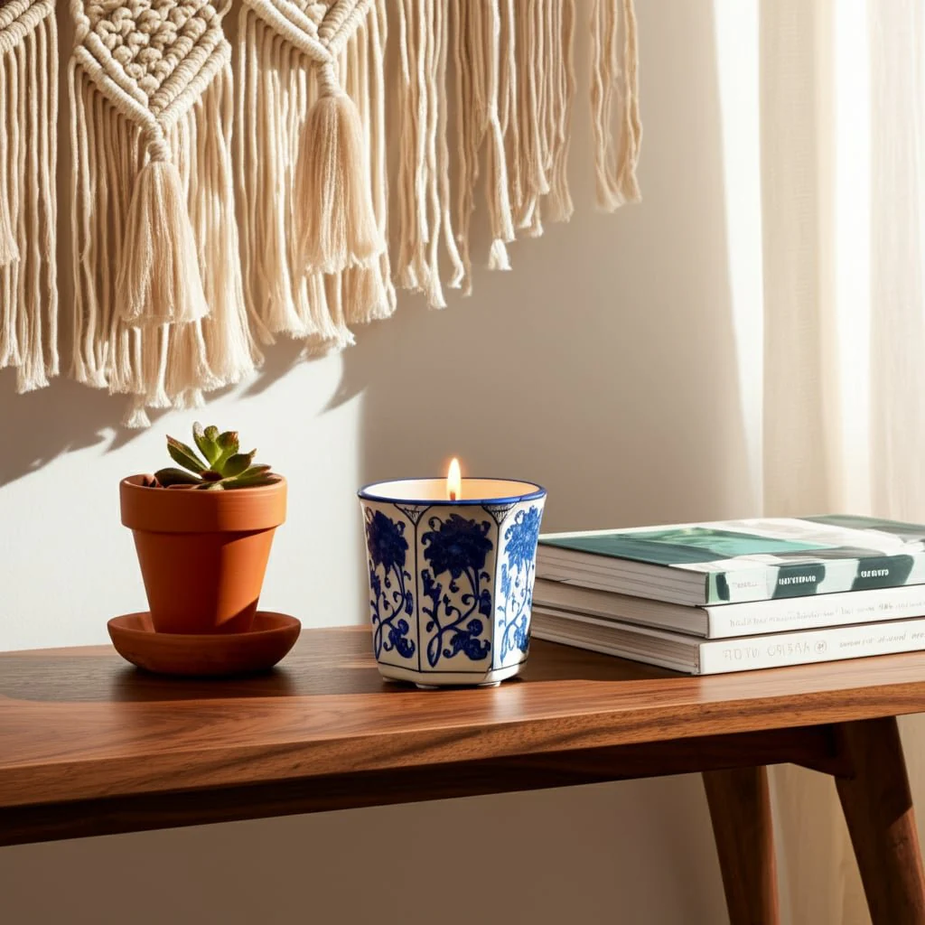 4", 6oz Fluted Chinoiserie Candle , Blue/white - Image 10