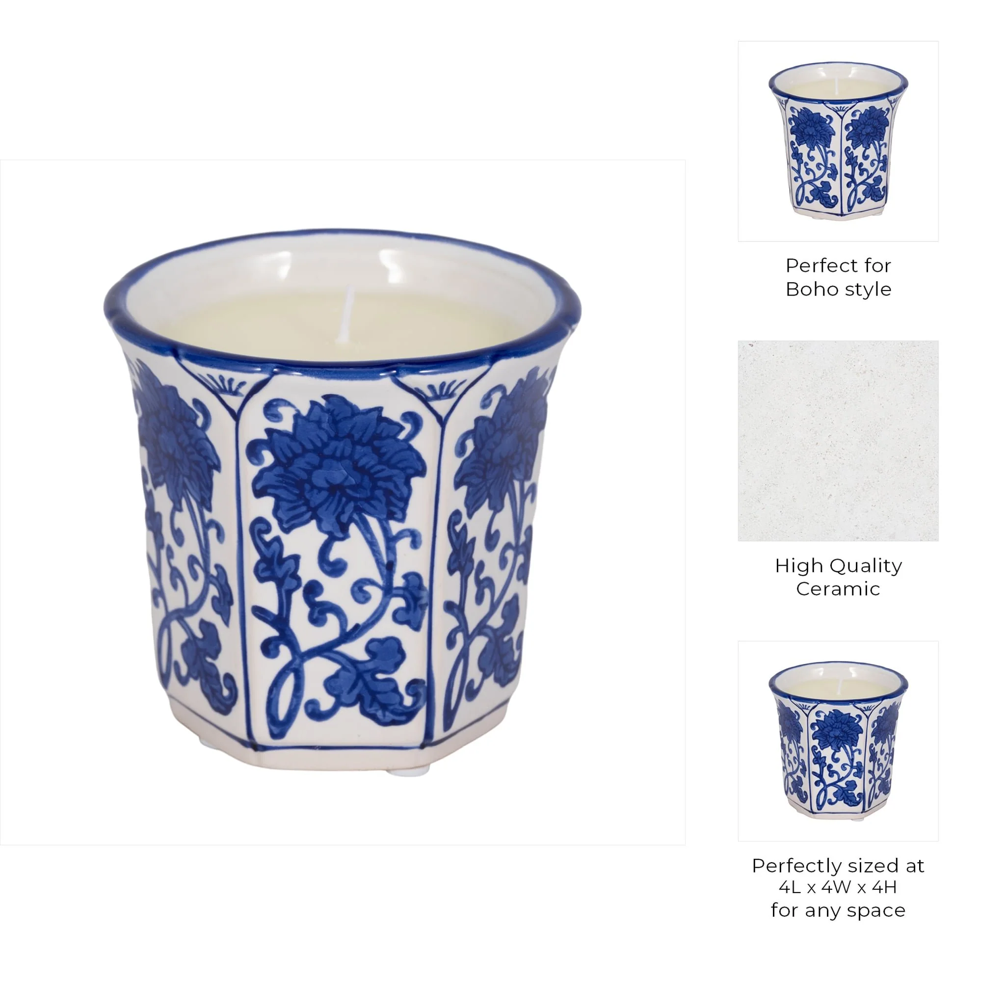 4", 6oz Fluted Chinoiserie Candle , Blue/white - Image 9