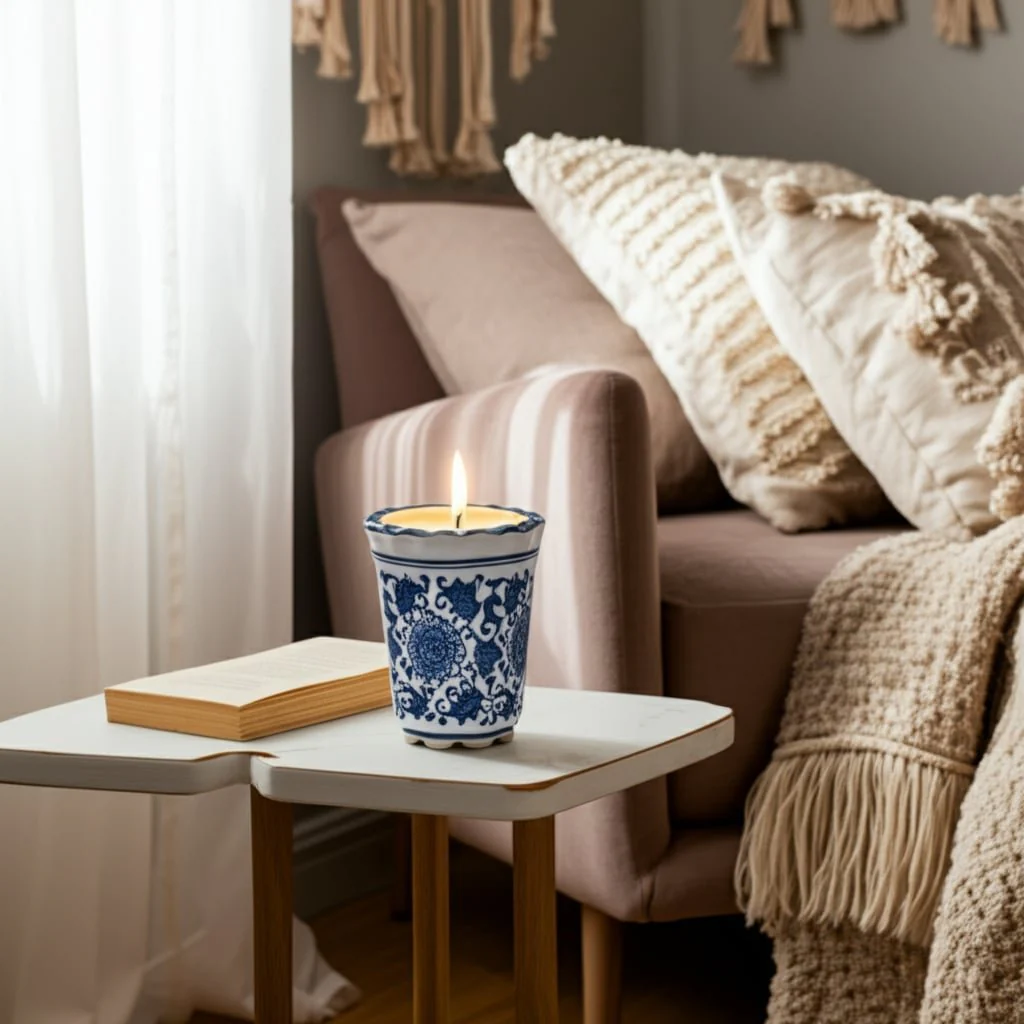 4", 7oz Fluted Chinoiserie Candle , Blue/white - Image 11
