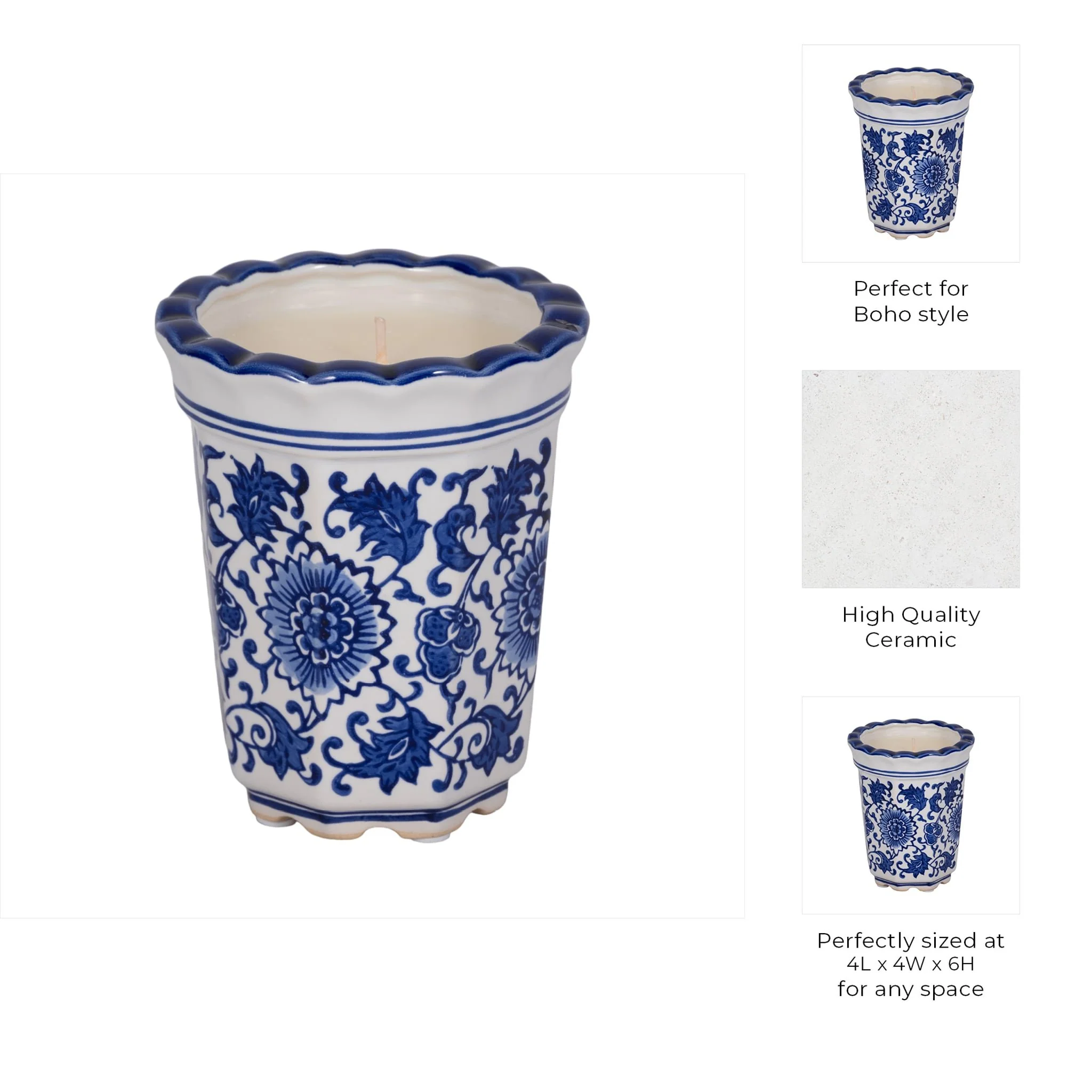 4", 7oz Fluted Chinoiserie Candle , Blue/white - Image 9