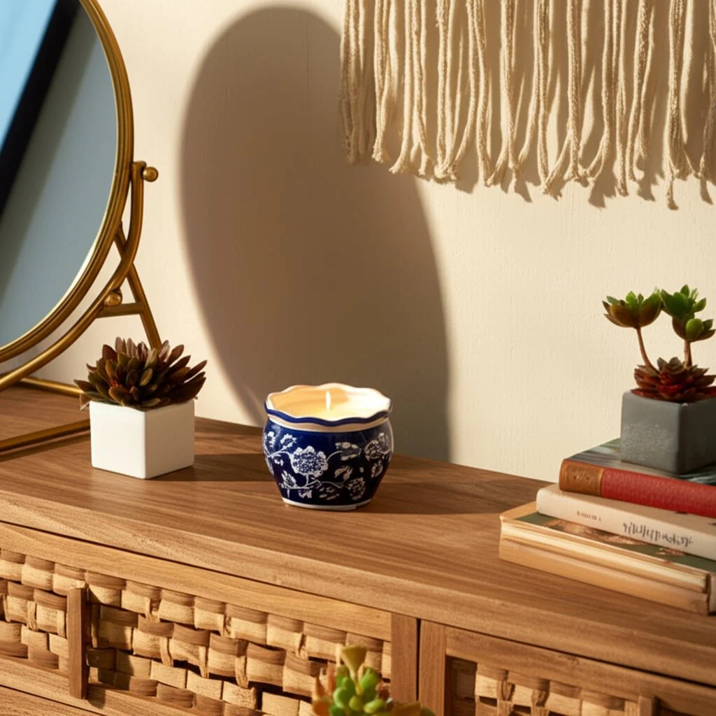 4", 7oz Round Chinoiserie Candle , Blue/white - Image 10