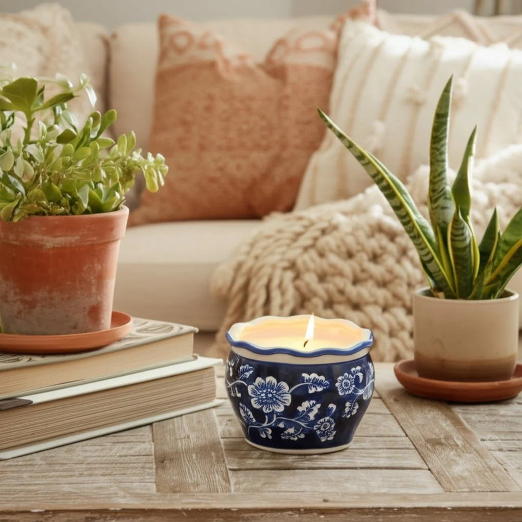 4", 7oz Round Chinoiserie Candle , Blue/white - Image 11