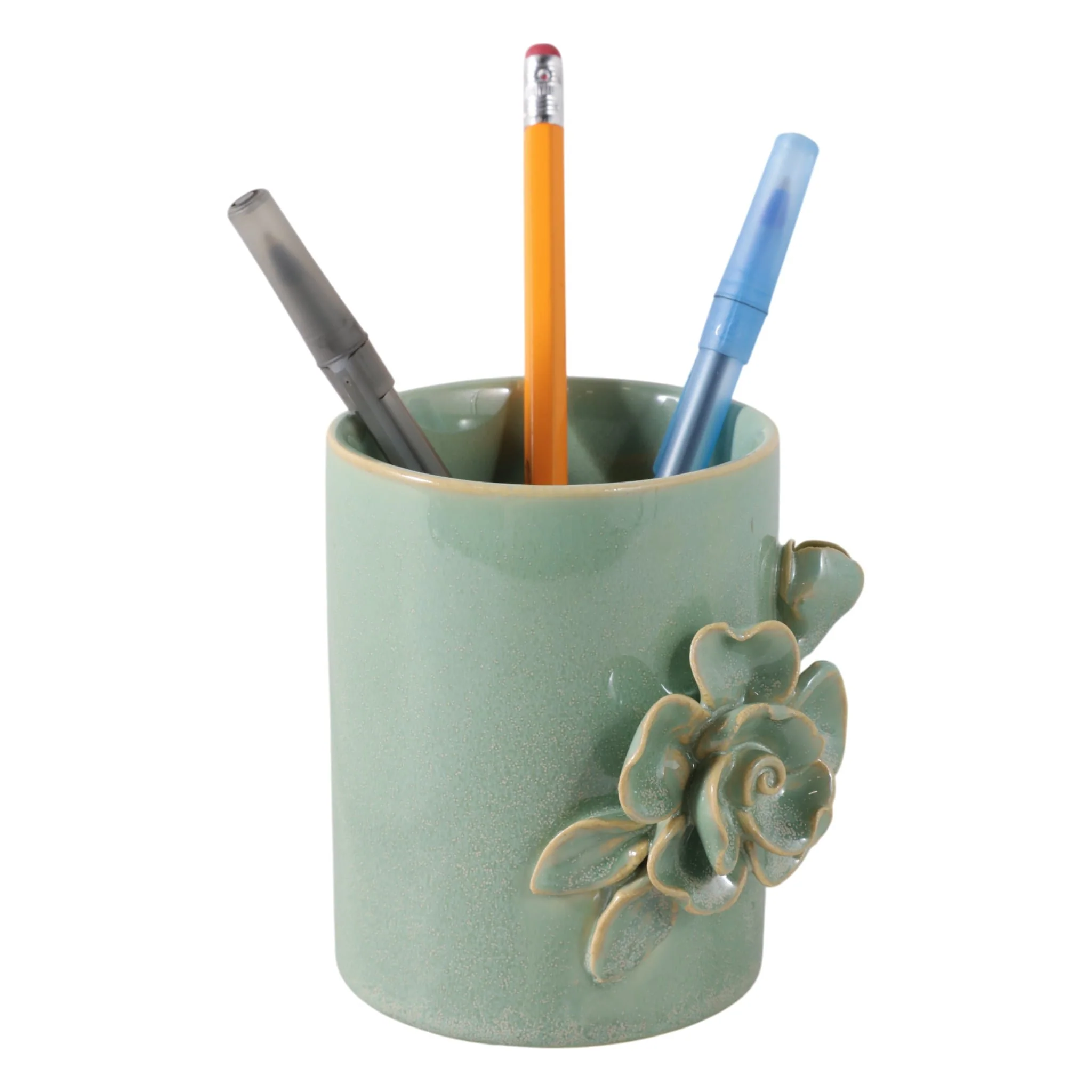 4" Rose Applique Pencil Cup, Green - Image 2