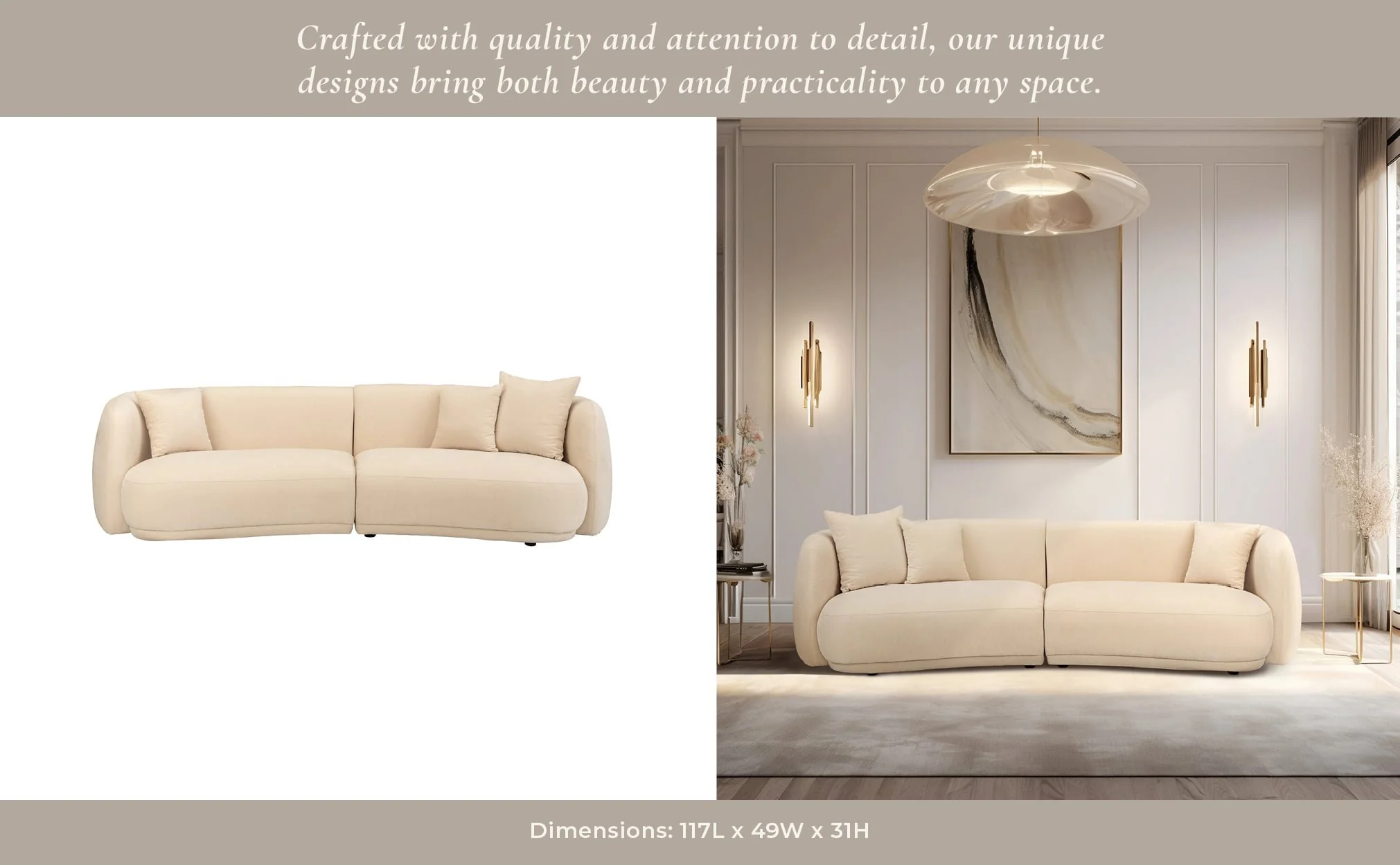 4-seat Curved Sofa, Ivory/beige 2boxes - Image 14