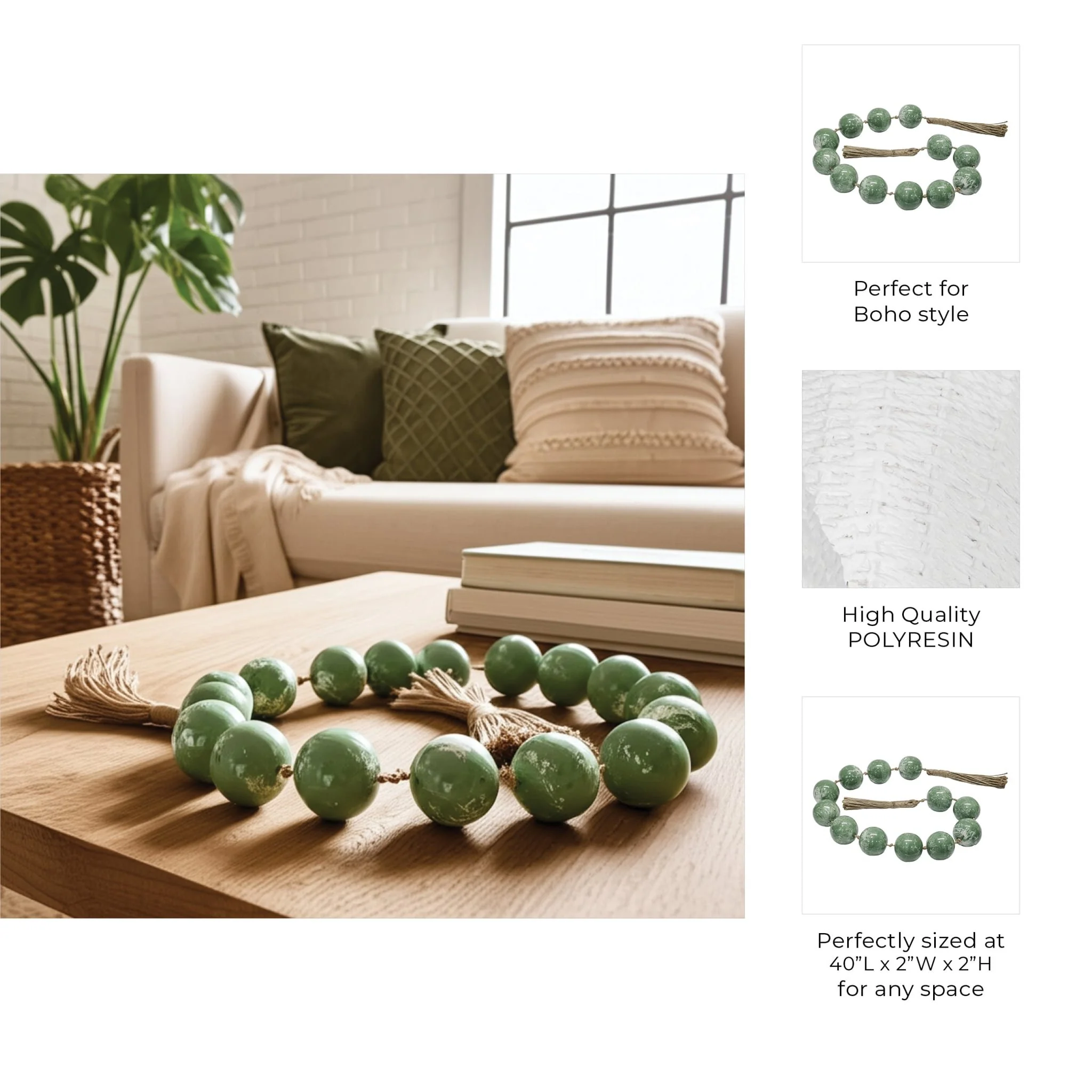 40" Swirled 2" Resin Beaded Garland, Green - Image 2