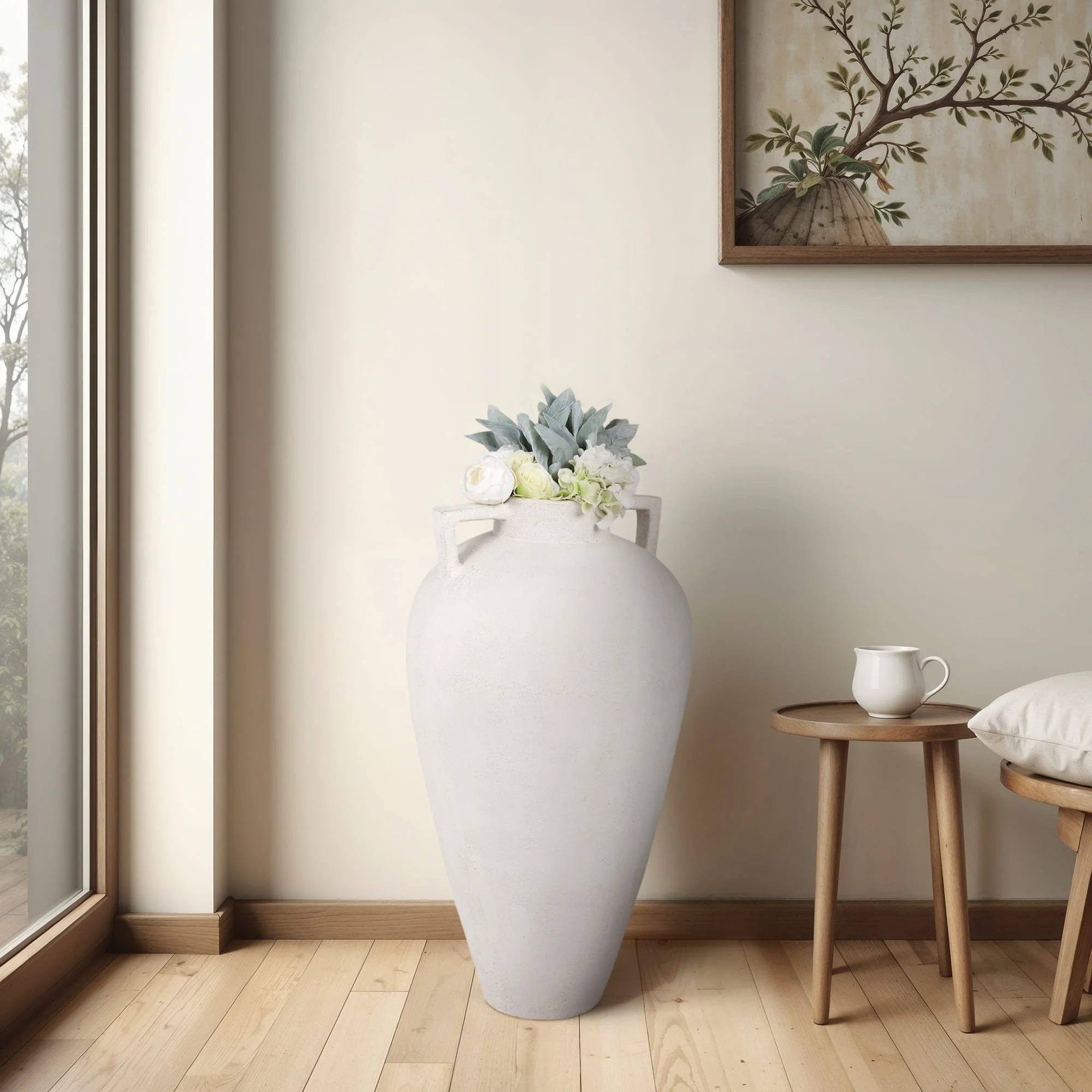 40" Terracotta Floor Vase Pointy Handles, Ivory - Image 10