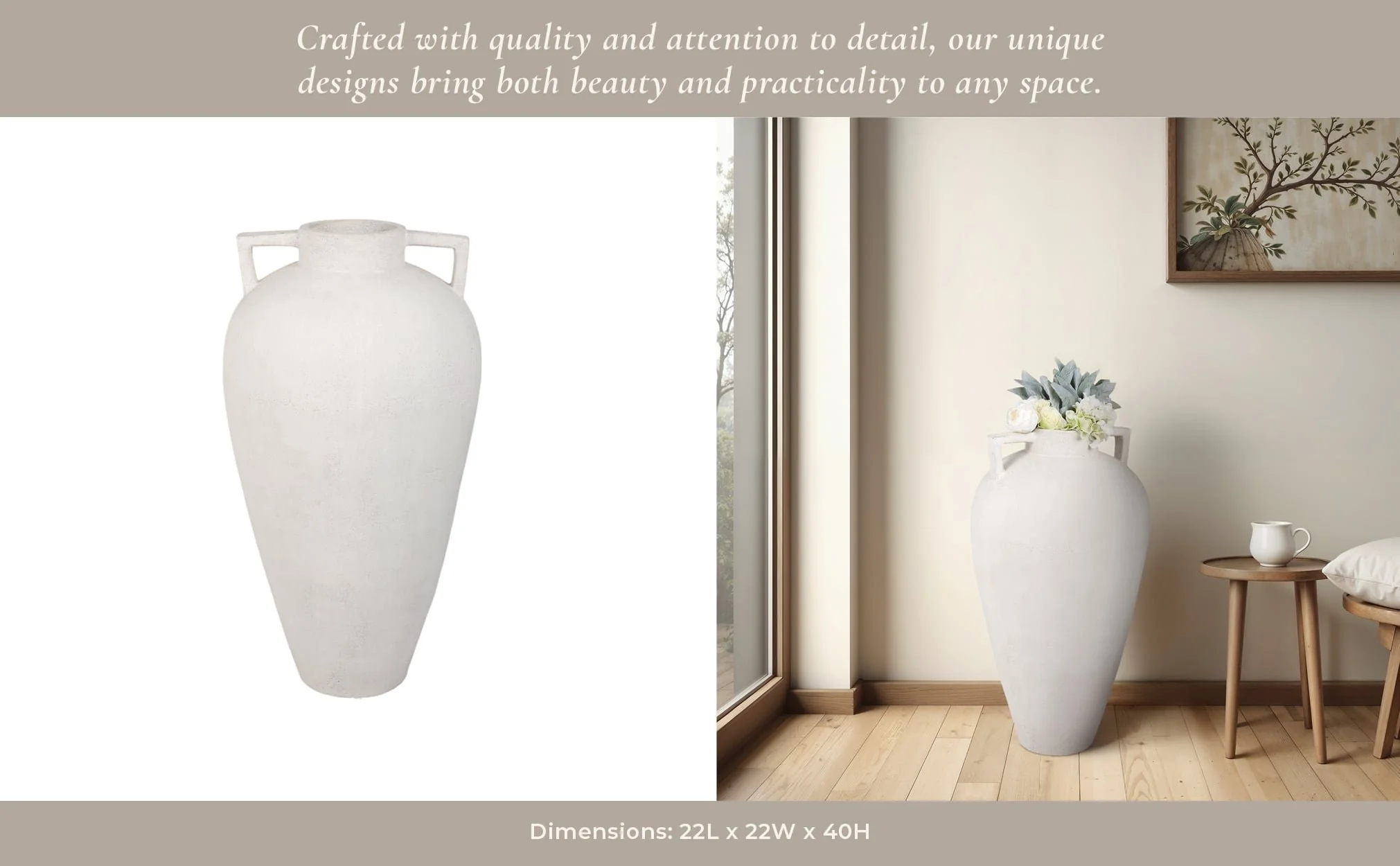 40" Terracotta Floor Vase Pointy Handles, Ivory - Image 11