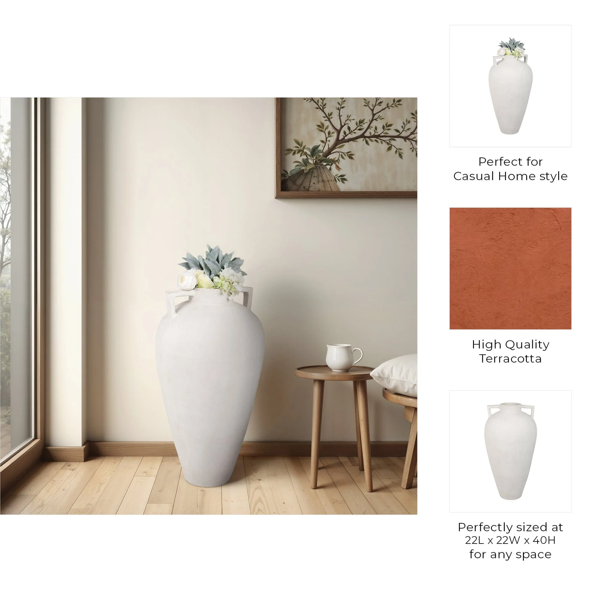 40" Terracotta Floor Vase Pointy Handles, Ivory - Image 9