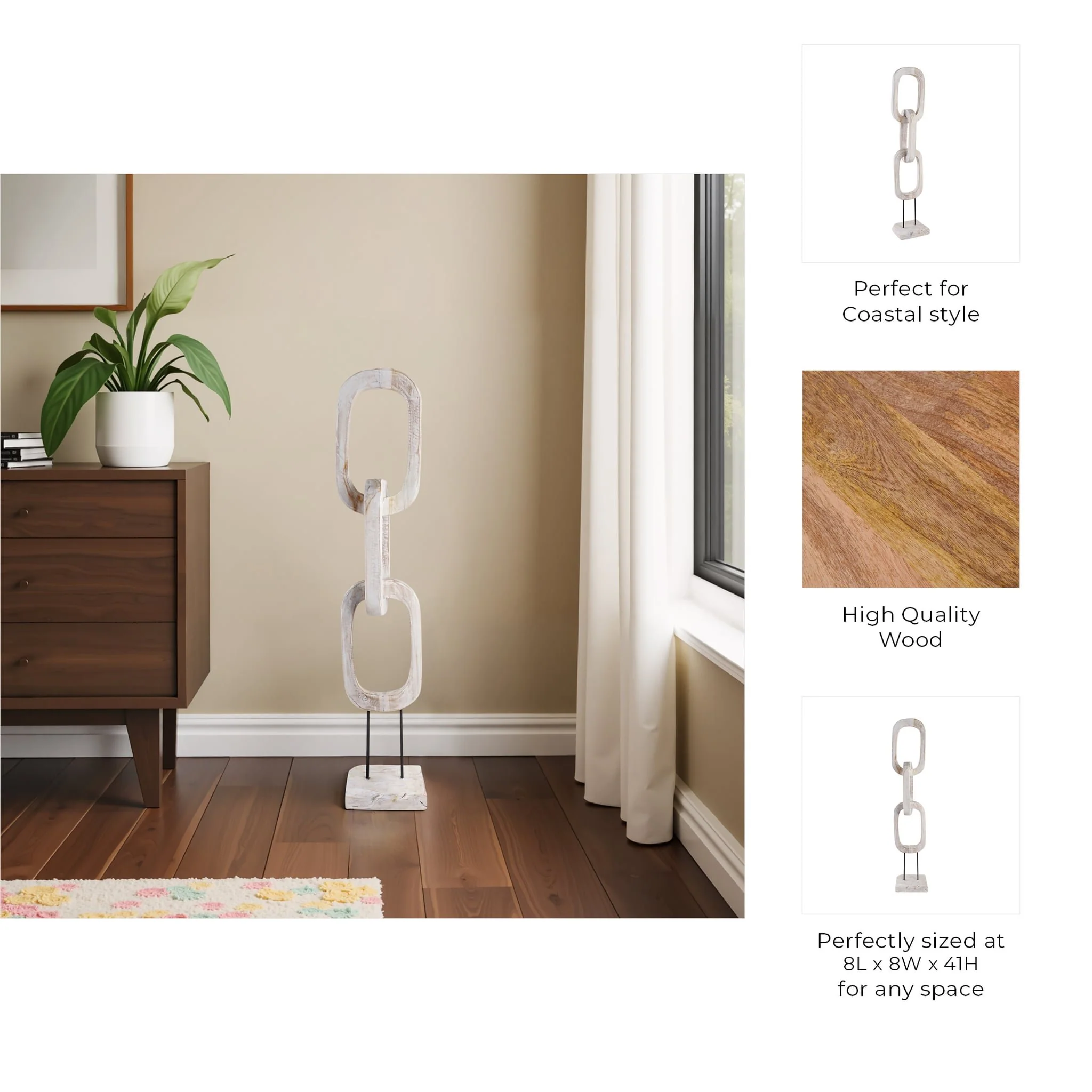 41" Teak Chain Sculpture On Stand, White - Image 10