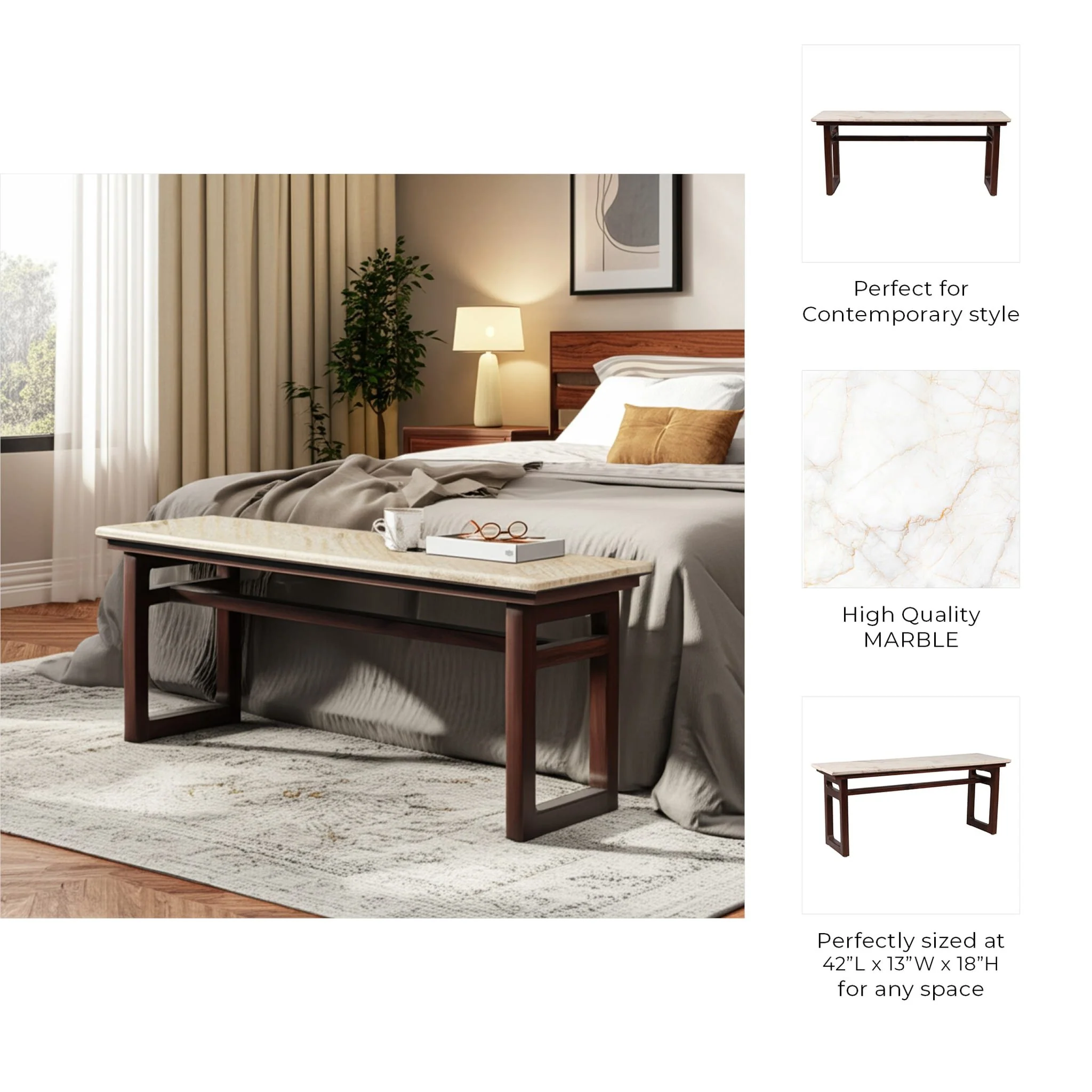42" Bench W/ Marble Top, Multi - Image 8