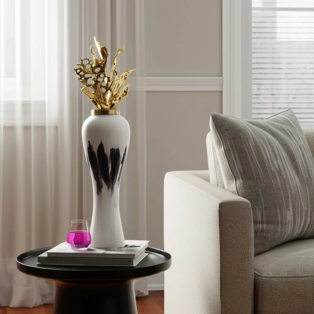 43"h Metal Vase W/ Leaf Like Lid, White - Image 6
