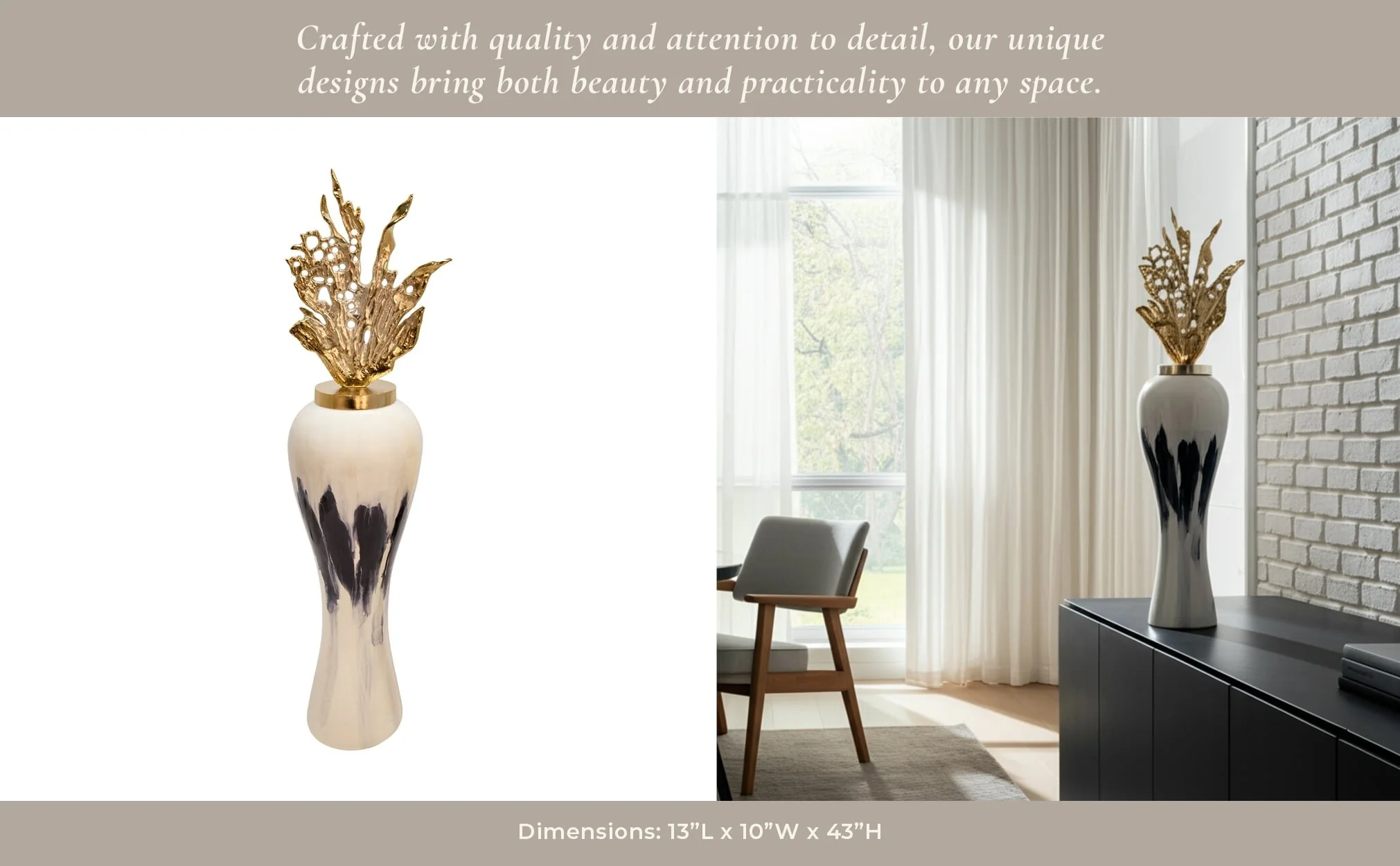 43"h Metal Vase W/ Leaf Like Lid, White - Image 7