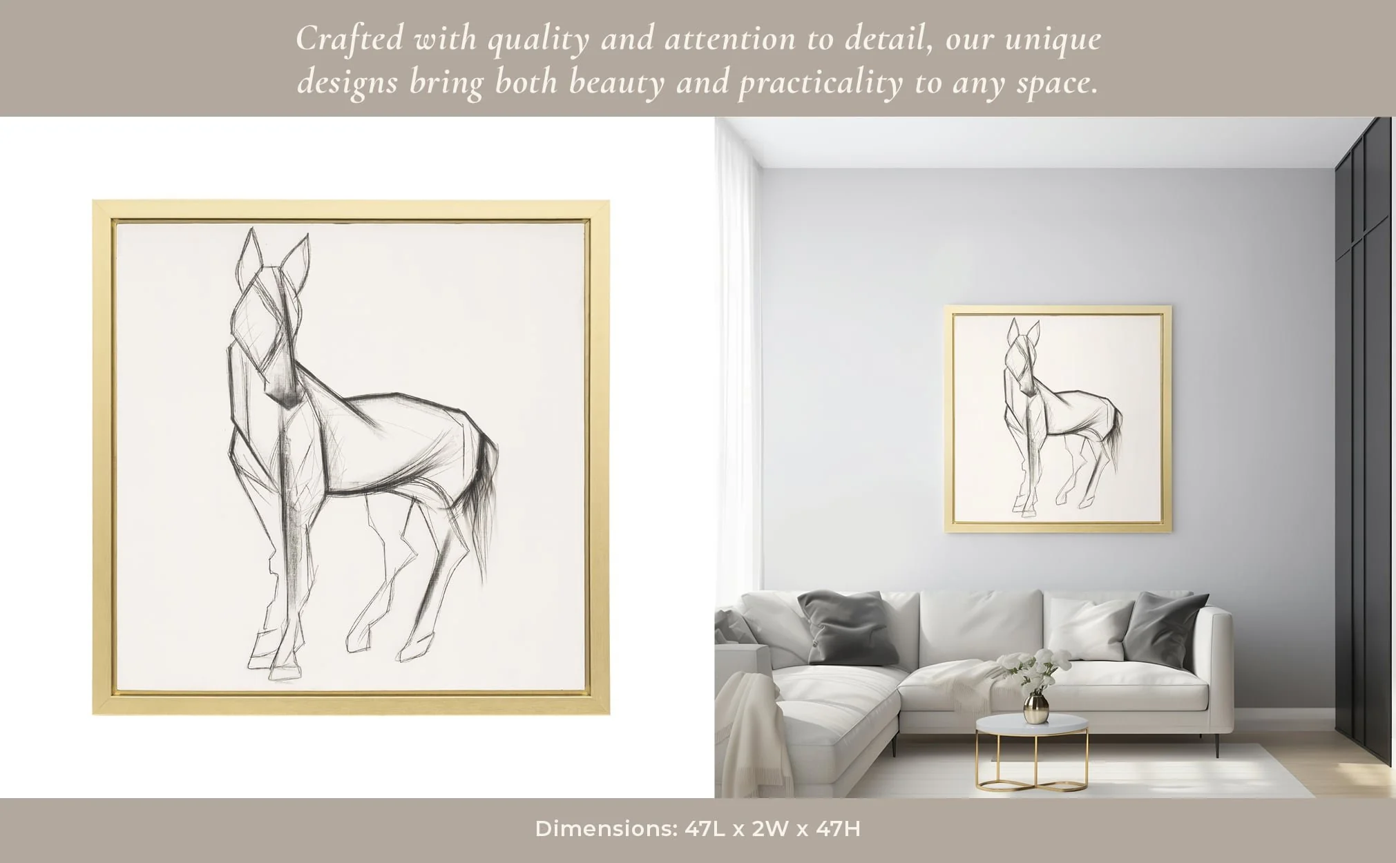 47x47, Hand Painted Elegant Horse Sketch, Blk/wht - Image 11
