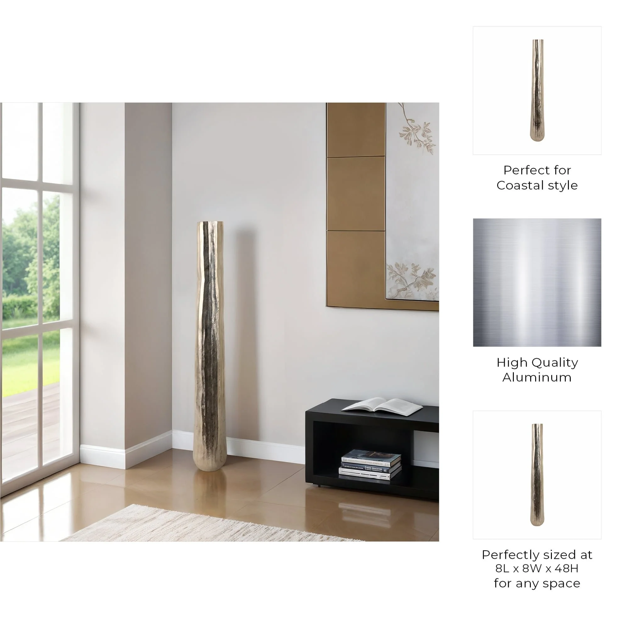 48" Rounded Etched Metal Floor Vase, Silver - Image 7