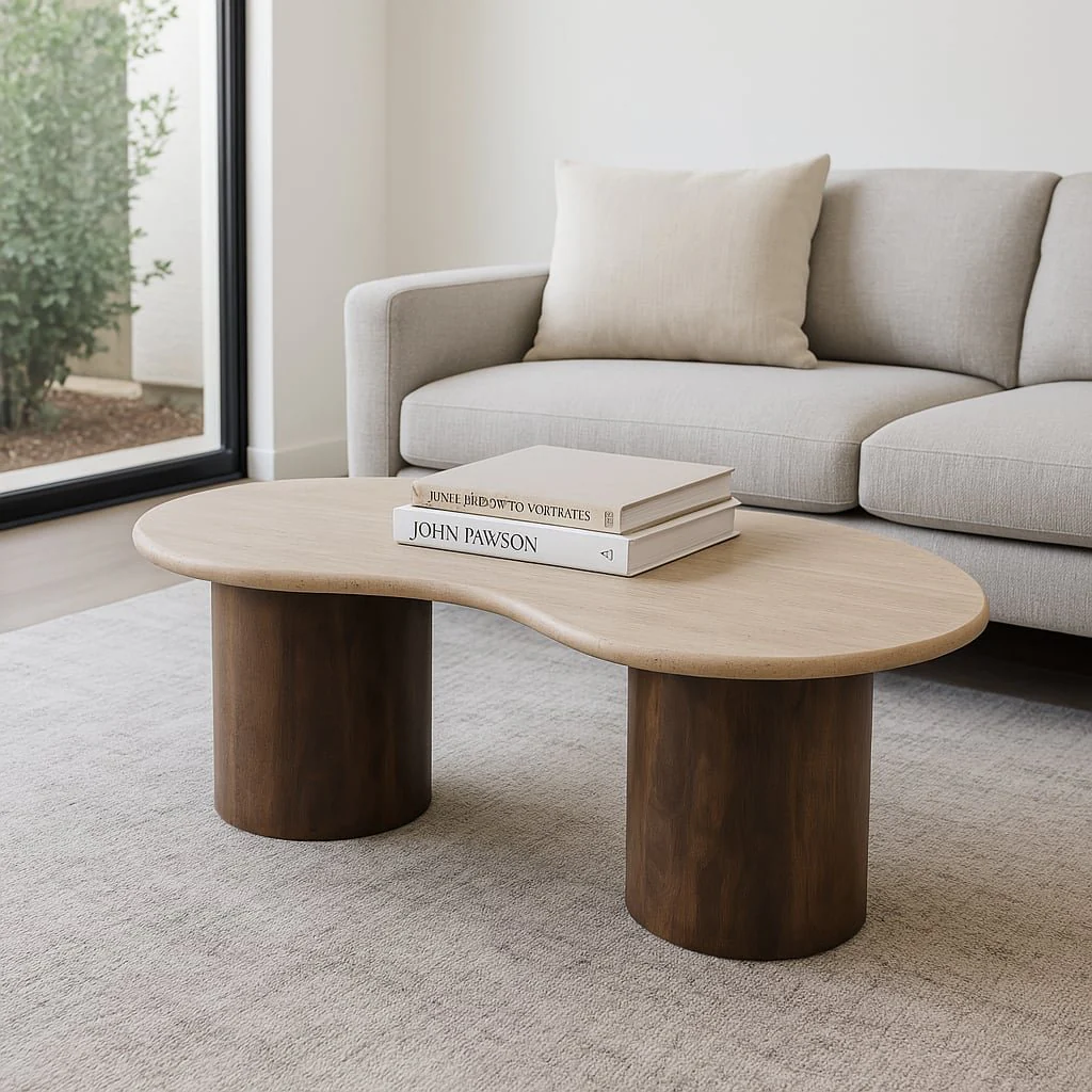 48x16 Curvy Travertine Top Coffee Table, Bwn 2bxs - Image 11